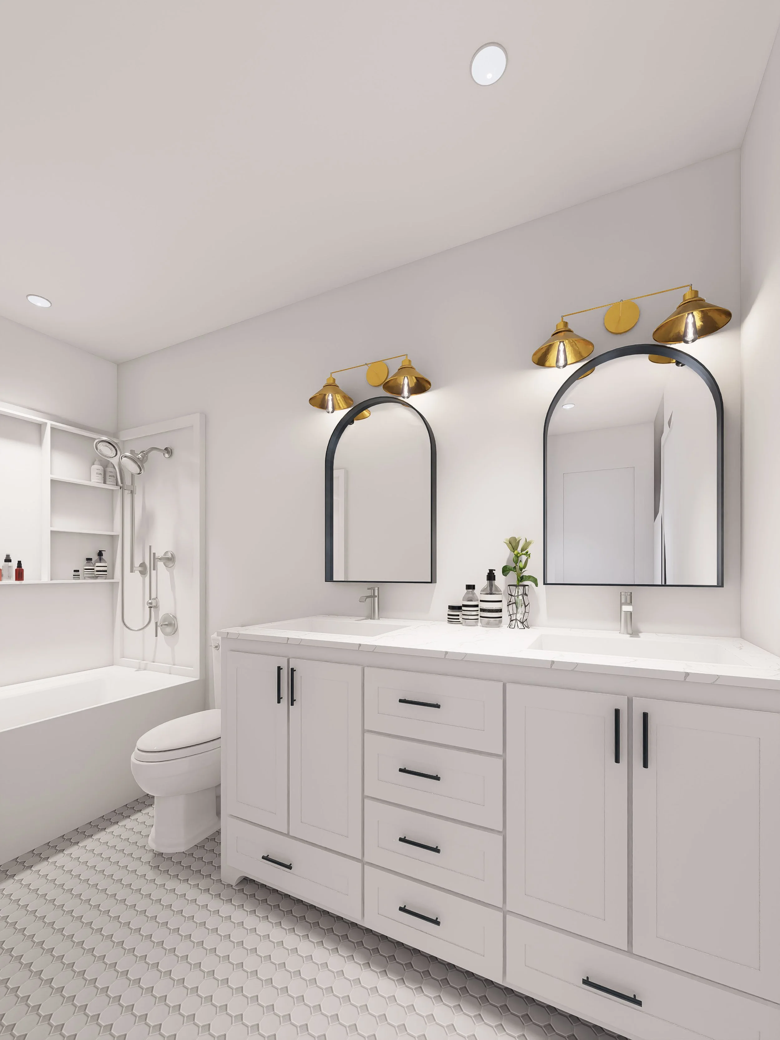 Modern white bathroom with double vanity mirrors, gold light fixtures, and a bathtub with a shower.