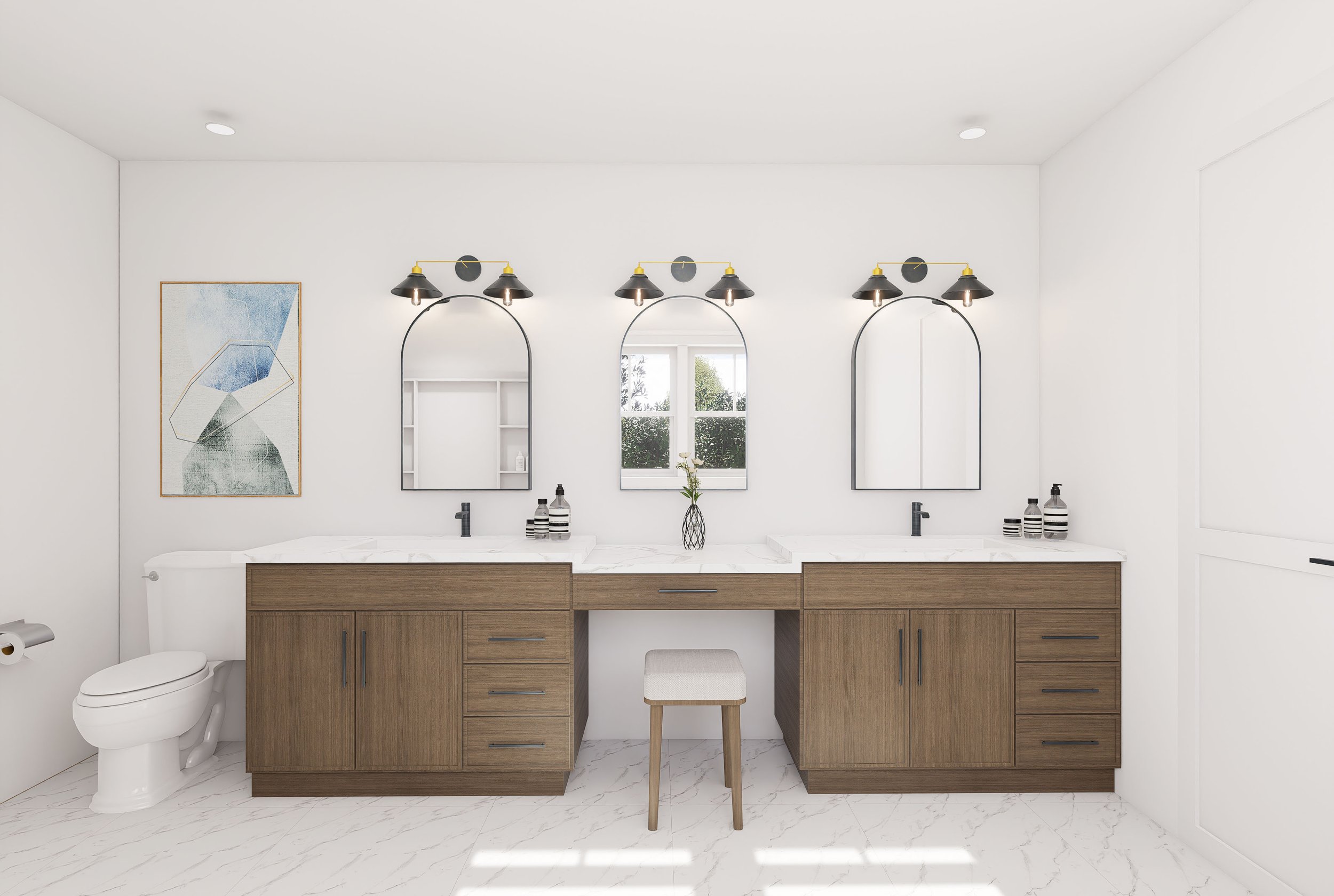 Modern bathroom with two wooden vanities, three black-framed mirrors, black light fixtures, blue and white artwork, and a small stool, featuring white walls and marble flooring.