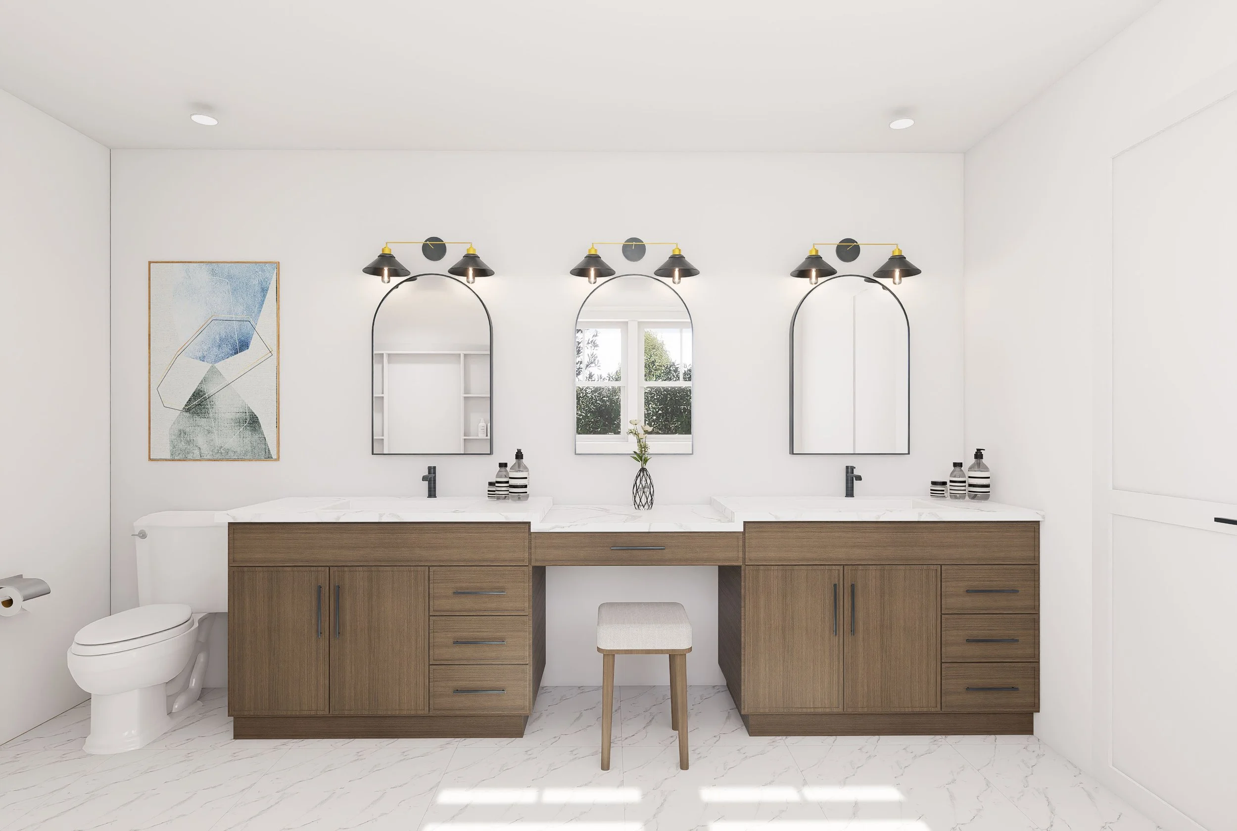 Modern bathroom with two sinks, three mirrors, and a window in the center. Wood vanity with white marble countertop, stool in front, artwork on the left wall, and black fixtures.