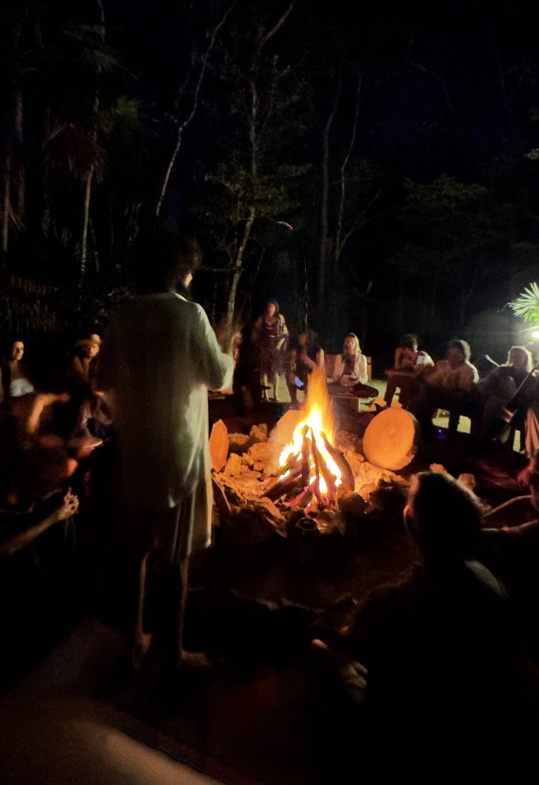 People gathered around a campfire at night, outdoors, surrounded by trees.