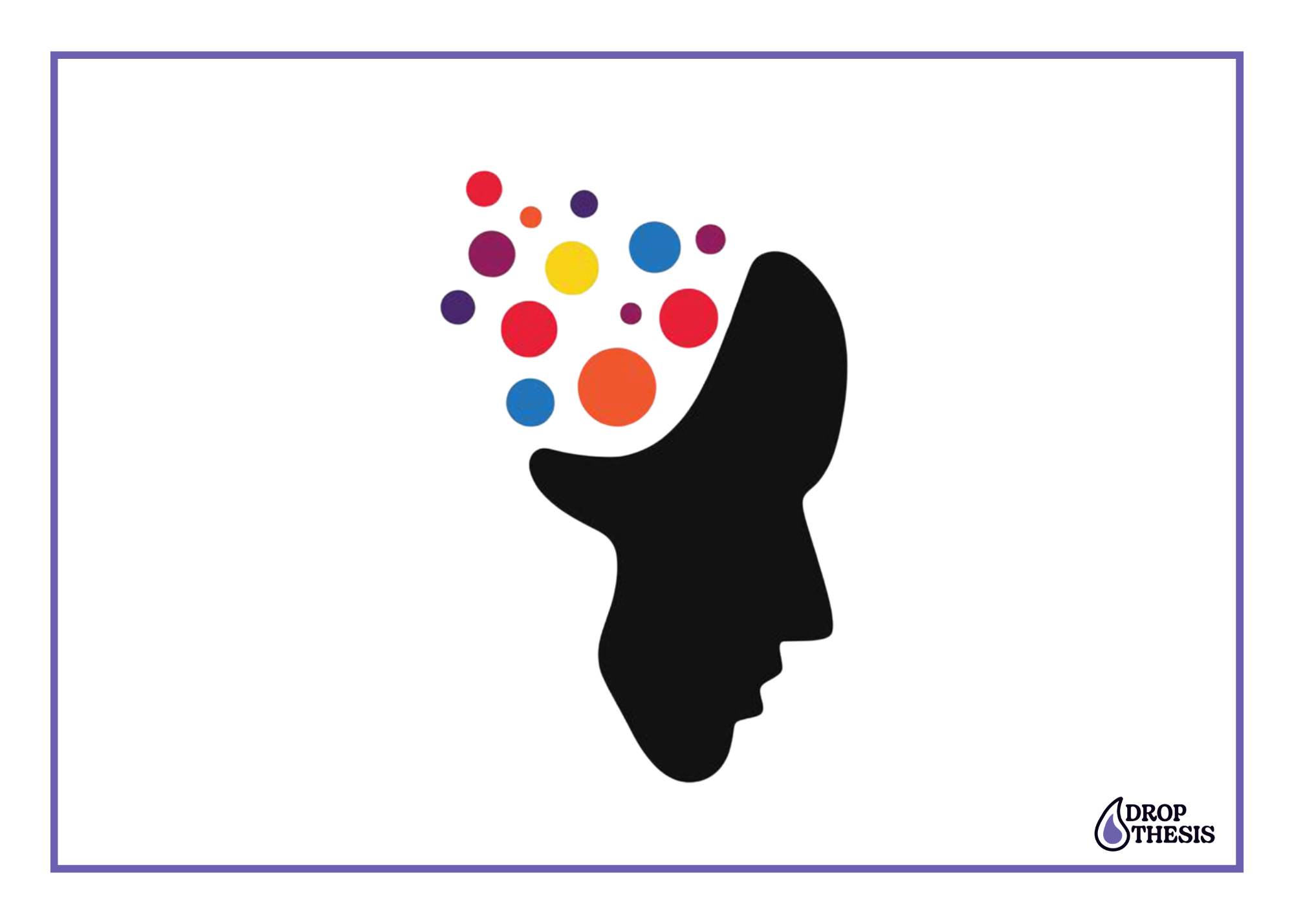 Silhouette of a human head with colorful dots emerging from the top, symbolizing ideas or creativity.