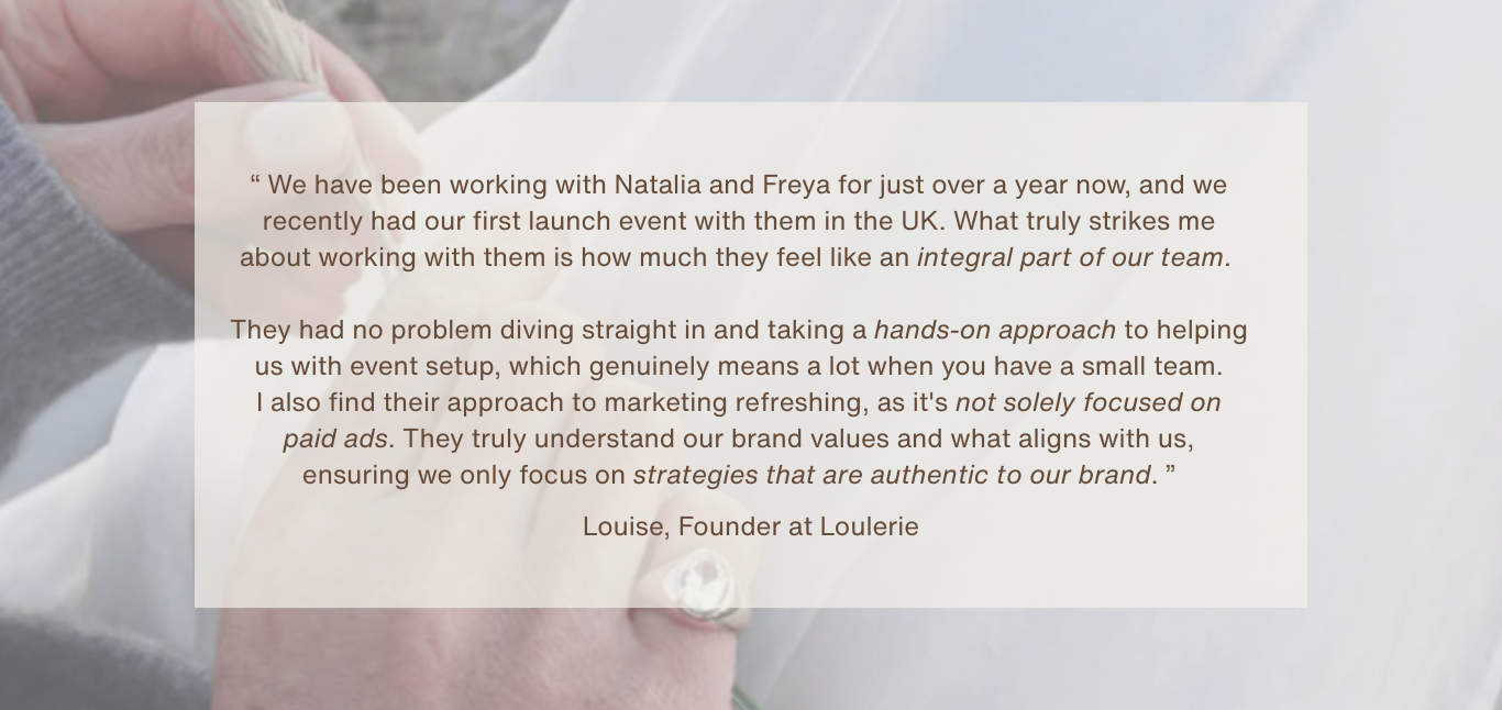 A quote from Louise, Founder at Loulerie, on a blurred background of two people Christian clasping hands.