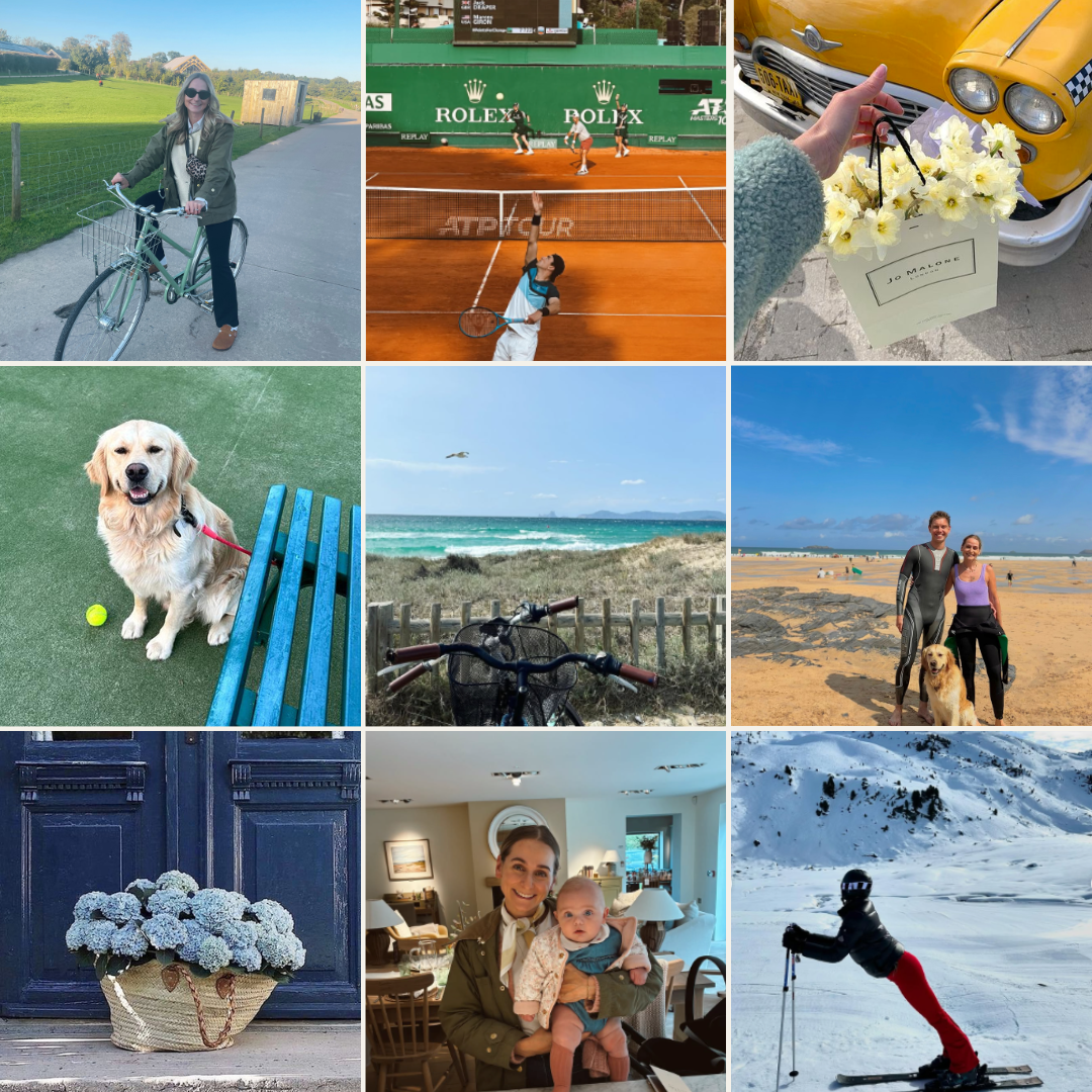 Collage of nine photos featuring various activities: a woman with a bicycle outdoors, a tennis match, a person holding a flower bouquet next to a yellow vintage car, a dog sitting with a tennis ball, a beach scene with ocean and dunes, a couple with a dog on the beach, a basket of blue and white hydrangeas, a woman holding a baby indoors, and a person skiing on snow.