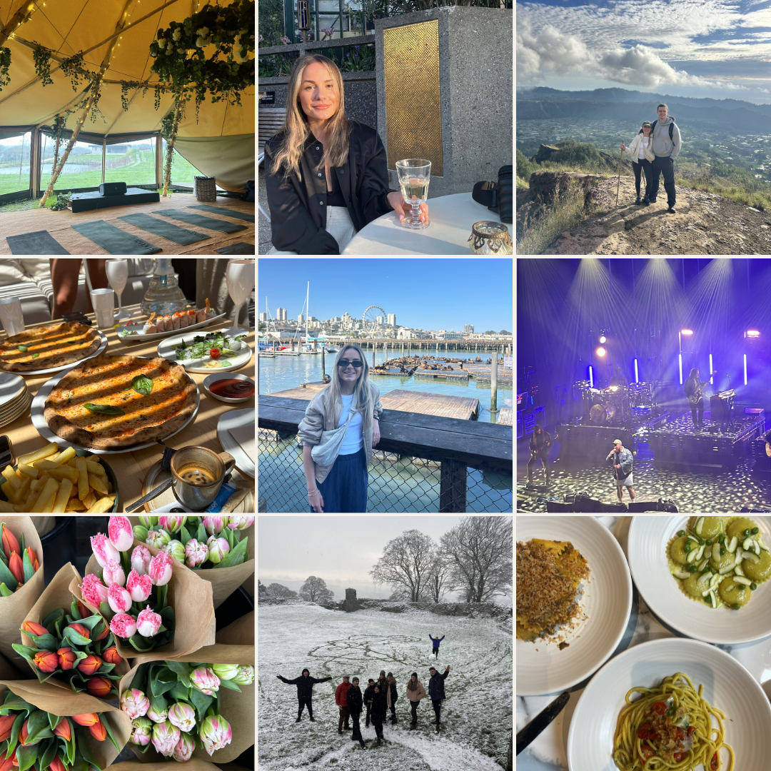 A collage of nine photographs showcasing various scenes: a decorated outdoor tent interior with greenery, a woman smiling at a table holding a glass of wine, two people hiking on a mountain trail with a city view, a table loaded with pizza and drinks, a woman smiling at a waterfront with a city skyline in the background, a band playing on stage during a concert, a bouquet of pink and white tulips, a group of friends celebrating with a snow-art heart on snow, and plates of pasta and a dessert.