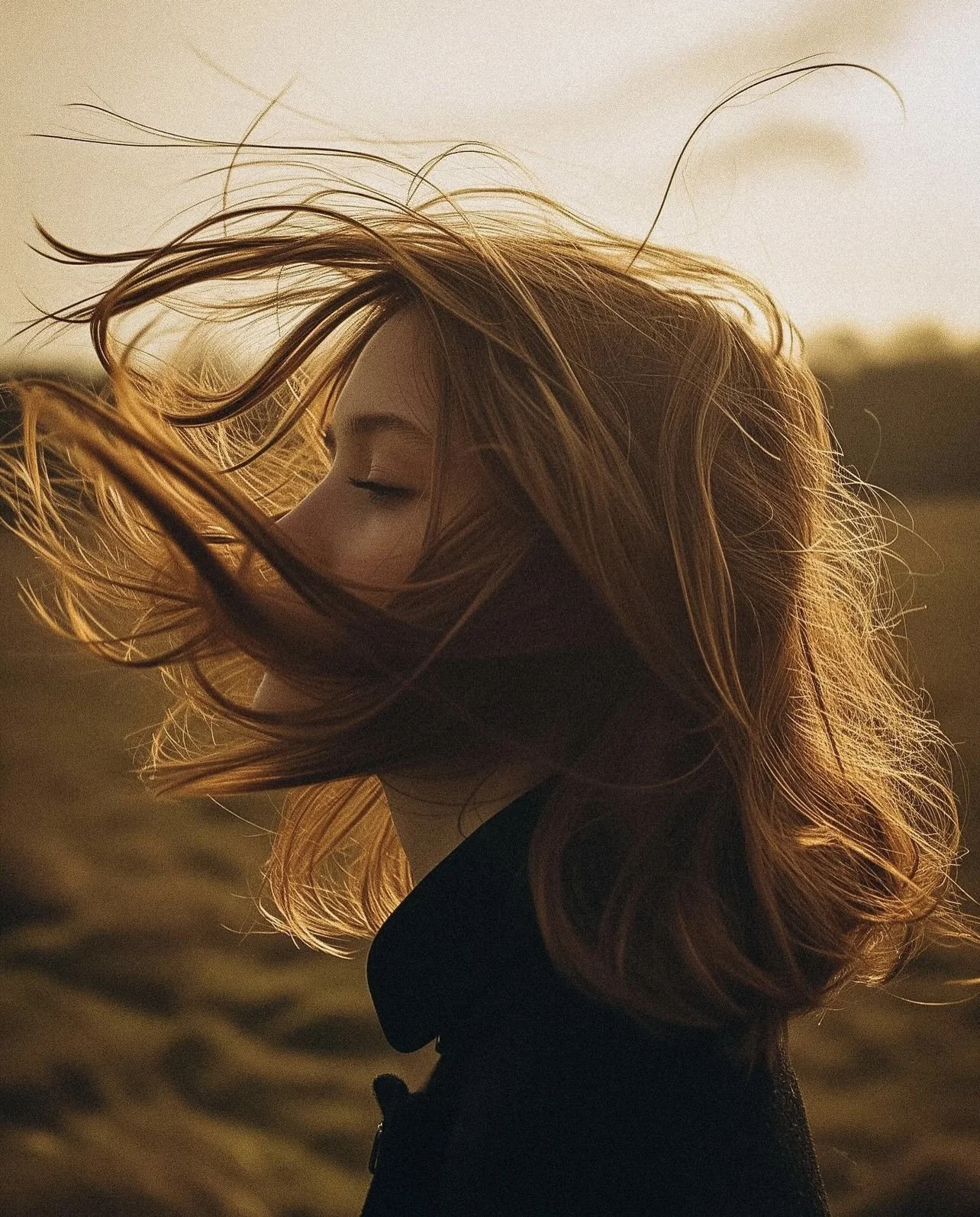 Side profile of a woman with long, wind-blown hair, eyes closed, outdoors during sunset or sunrise.