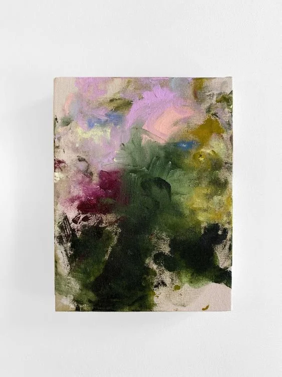 Abstract floral painting with purple, pink, green, and yellow colors.