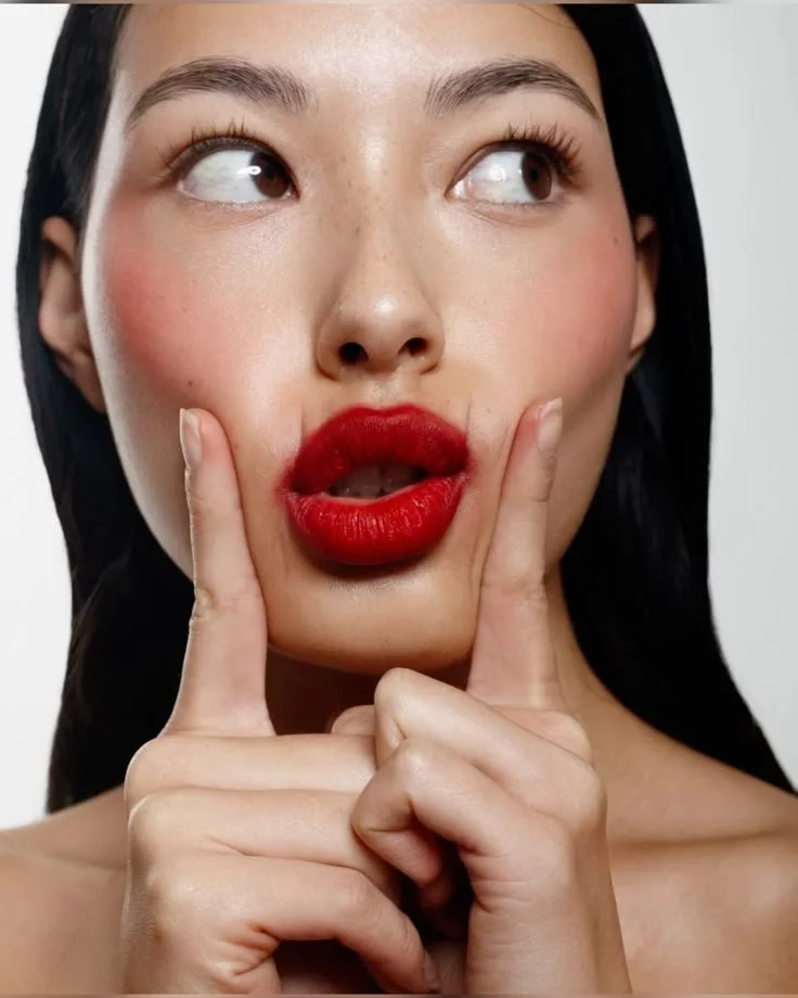 A woman with dark hair and red lipstick making a funny face, touching her cheeks with her index fingers, and looking to the side.