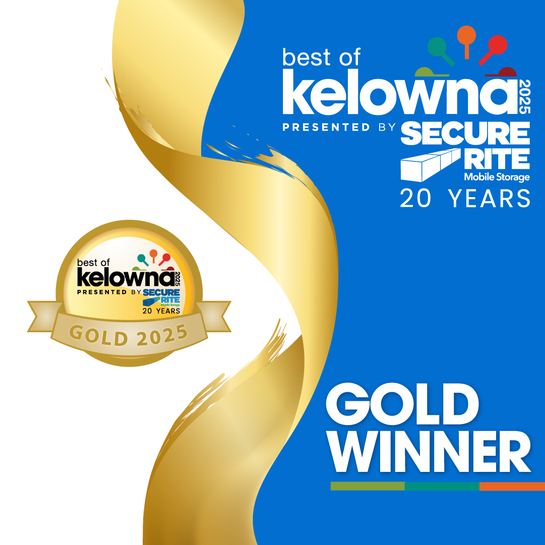 Gold and blue award banner for Kelowna's best of 2025 presented by Secure Rite, celebrating 20 years, with a gold medal emblem that says Gold 2025, and the bold text Gold Winner.