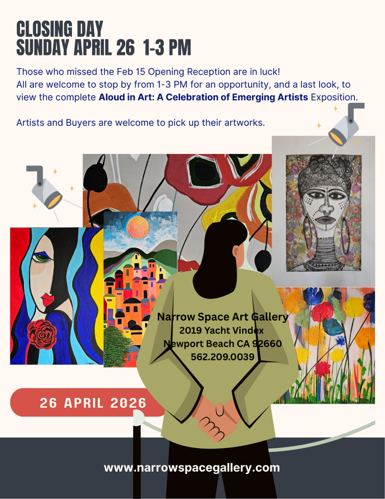 Closing Day: Sunder, April 26, 1-3PM. Those who missed the Feb 15 opening reception are in luck! All are welcome to stop by from 1-3 PM for an opportunity, and a last look to view the complete Aloud in Art: A Celebration of Emerging Artists.