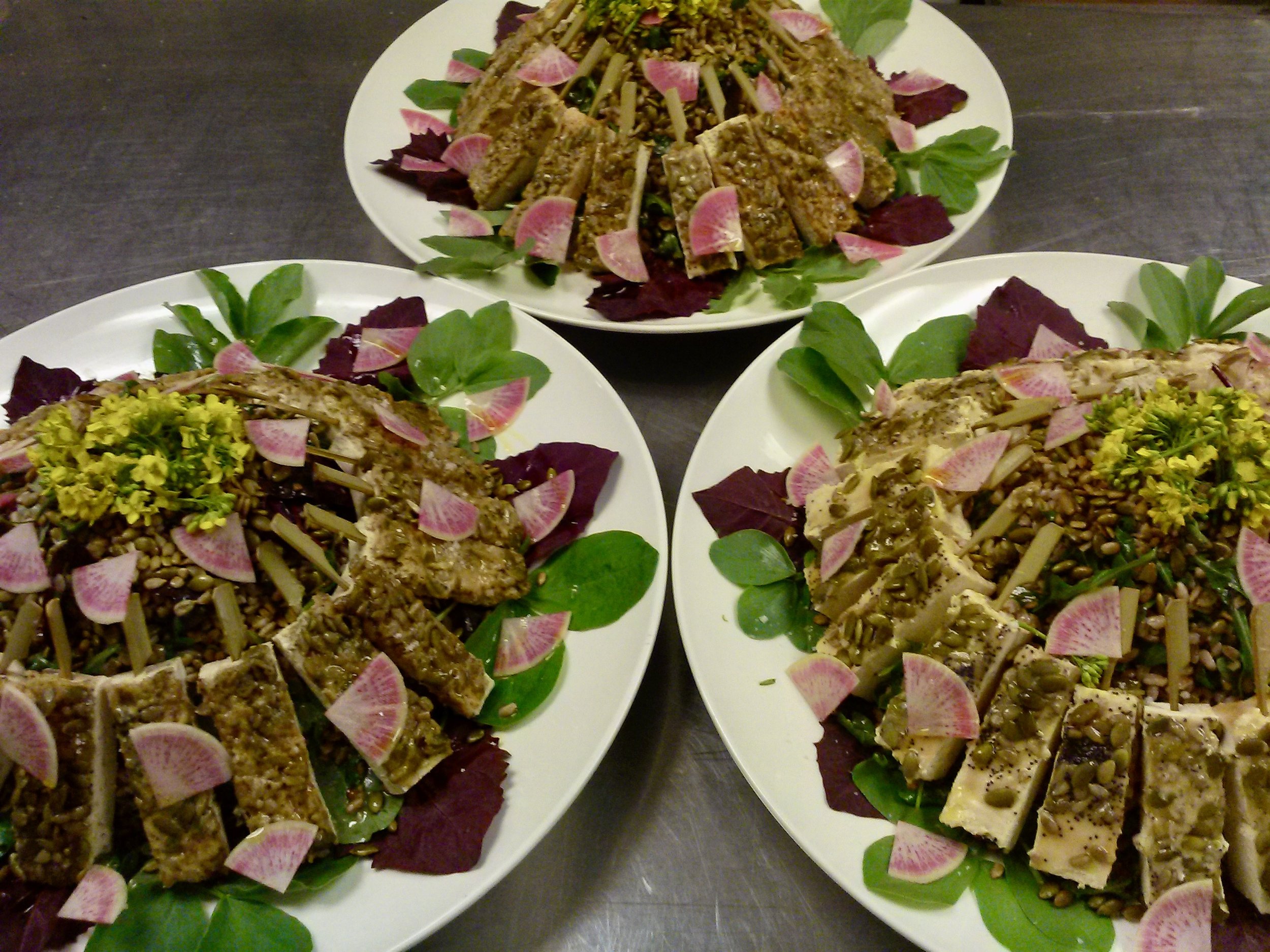 Family style multi-grain salad, Tofu tahini skewers, mixed seeds