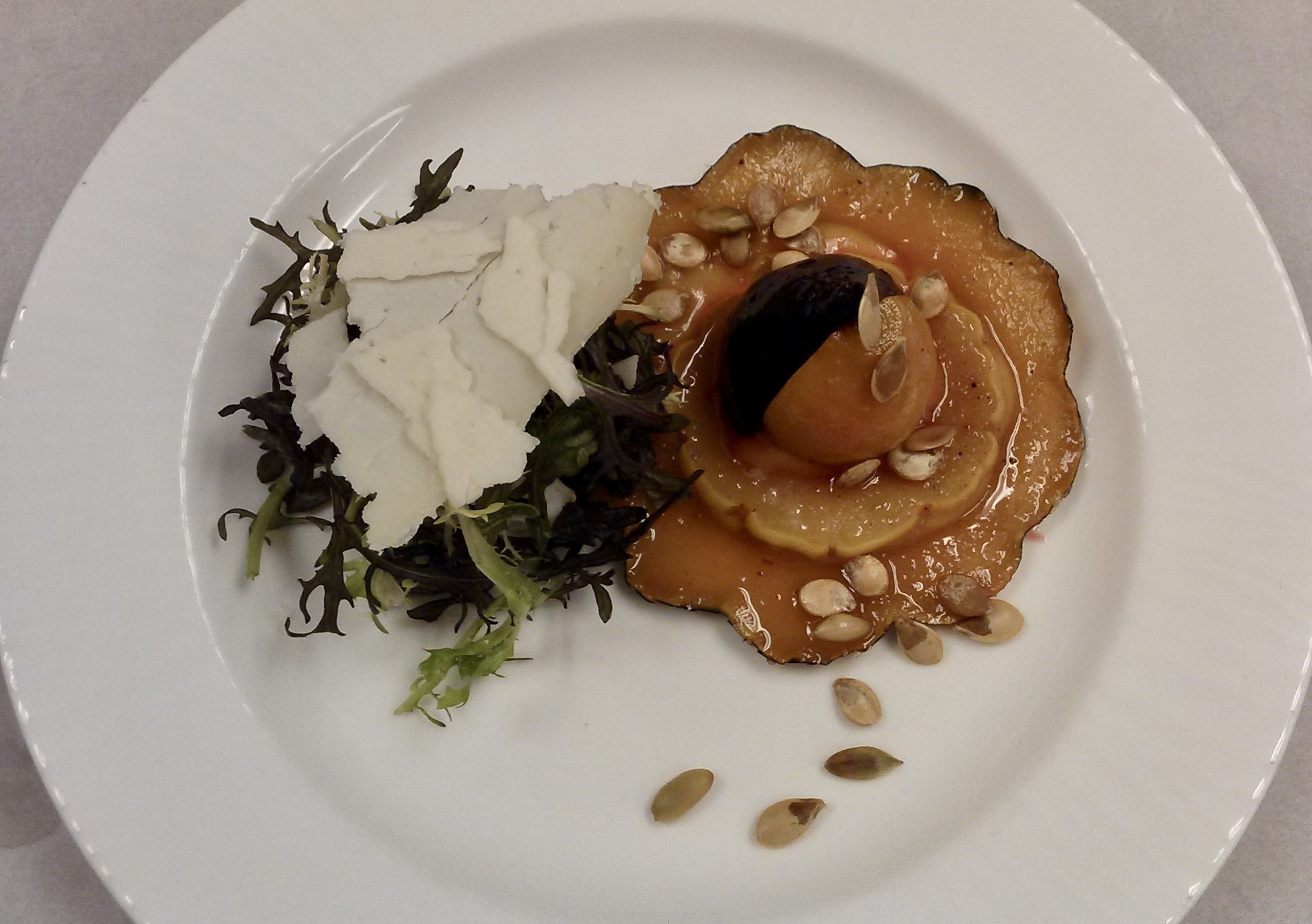 Honey Glazed beet and winter squash salad, red frill mustard greens, 3 month aged goats cheese