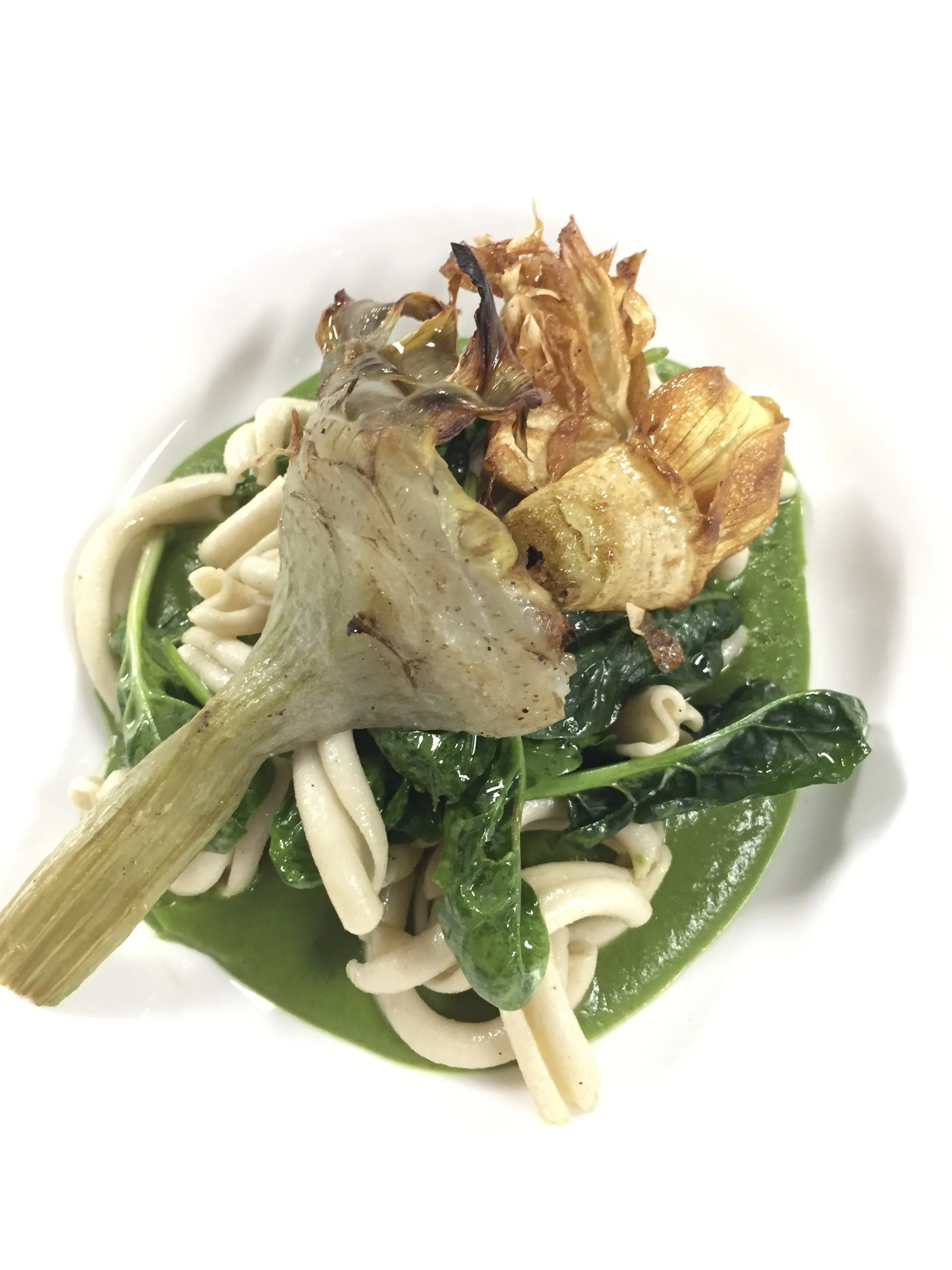 Carciofi alla Giudia, Gluten Free Pasta, Spinach, Castelvatrano Olive, Lemon and Parmesan Puree