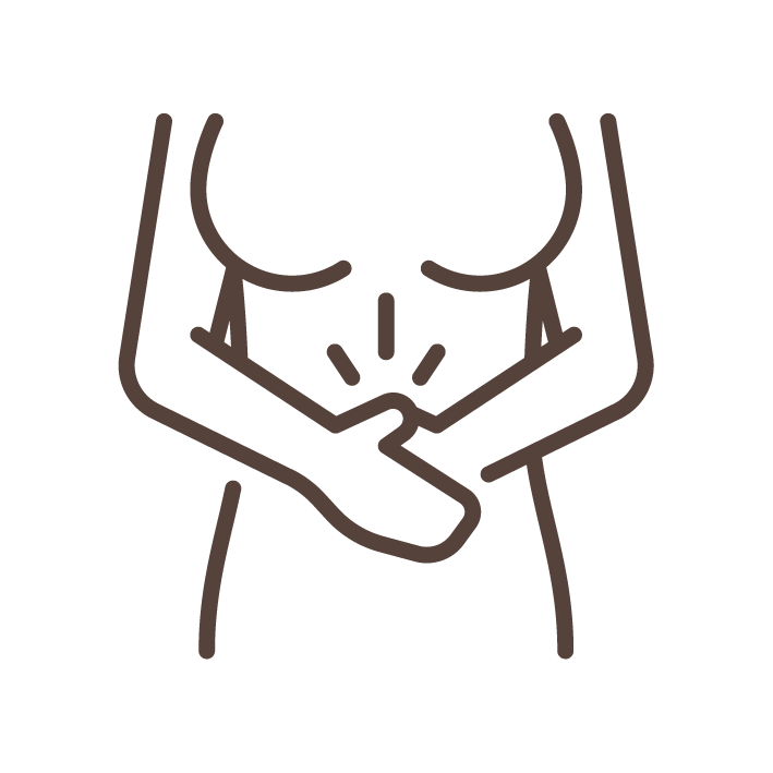 Icon of a female figure holding her stomach with radiating pain