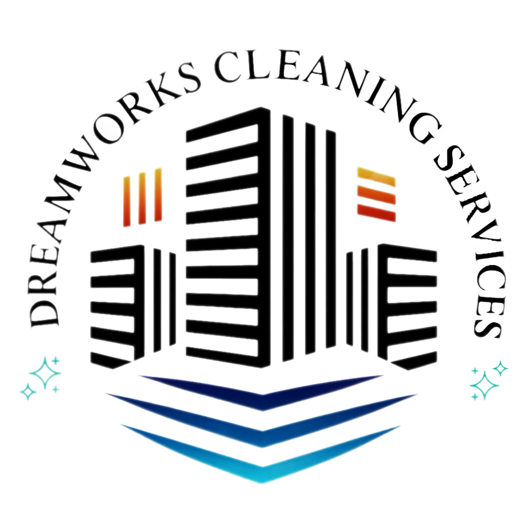 Logo for Drainworks Cleaning Services featuring a stylized building with text around it and decorative elements.
