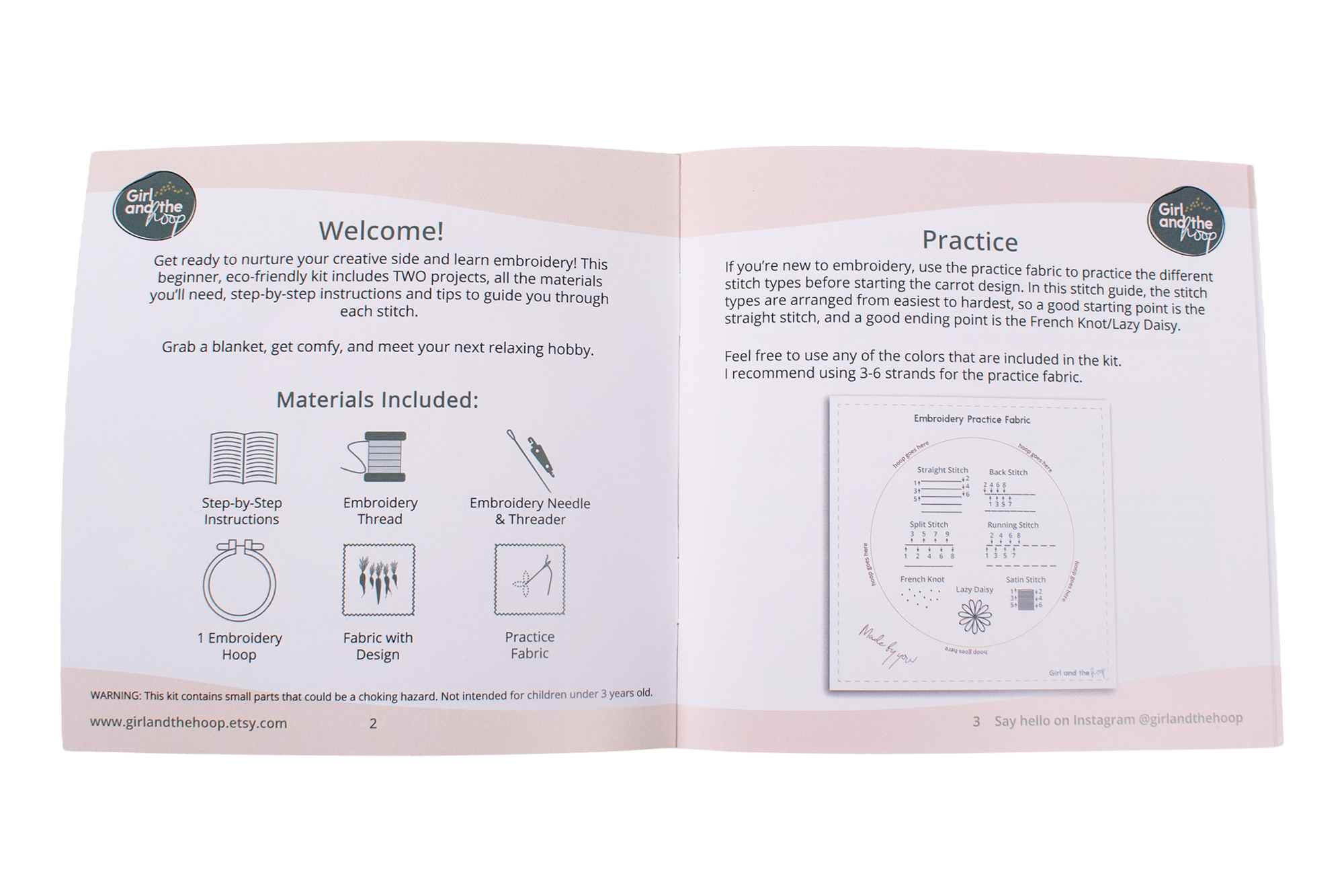 Girl and the Hoop Embroidery Kit instruction guide spread 1