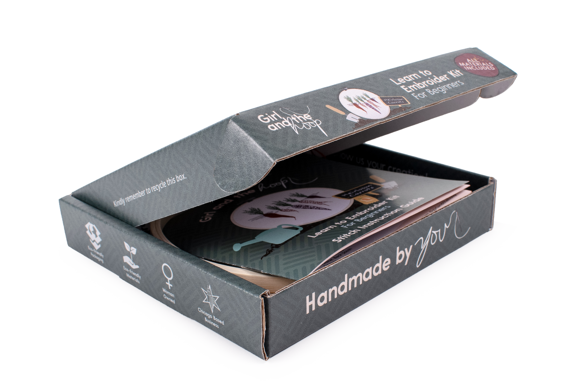 Girl and the Hoop Embroidery Kit packaging open showing contents