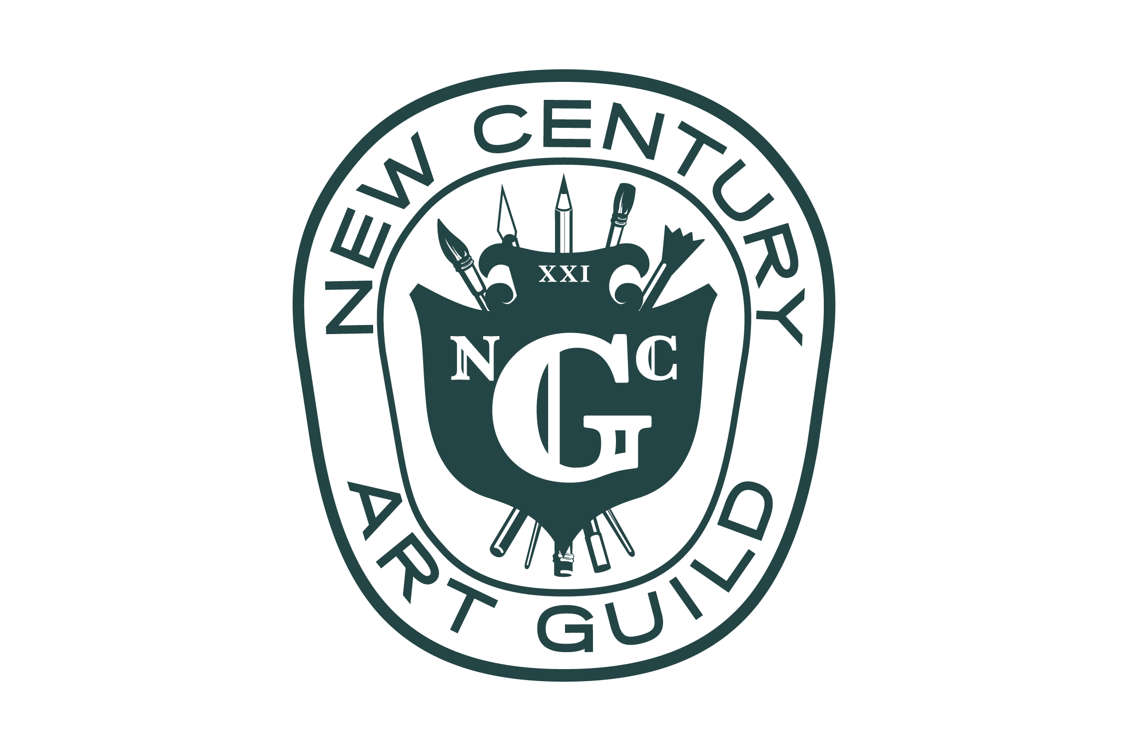 Seal of the New Century Art Guild featuring art tools and initials.