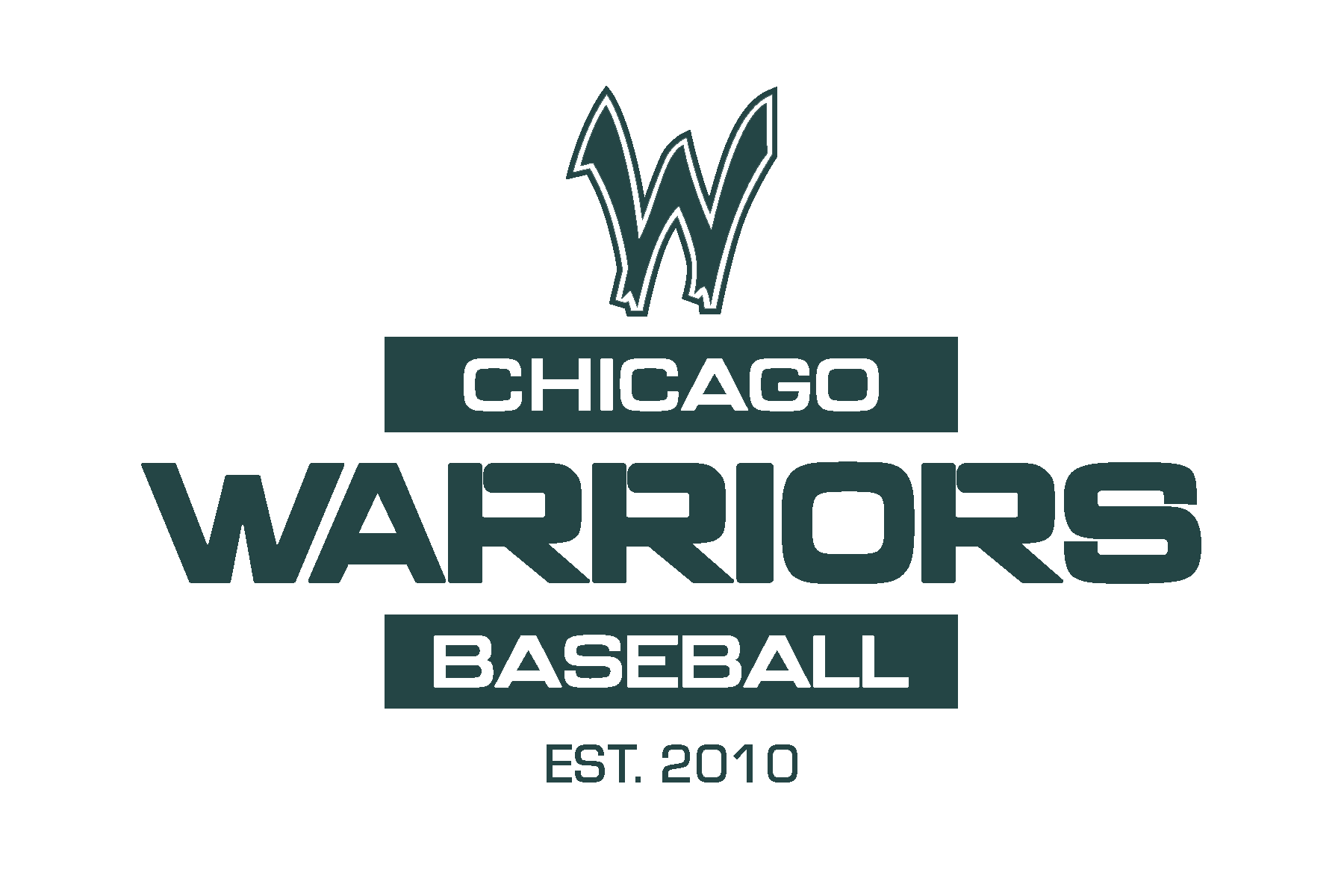 Chicago Warriors Baseball logo with a stylized W symbol, the words 'CHICAGO WARRIORS BASEBALL', and 'EST. 2010' on a black background.