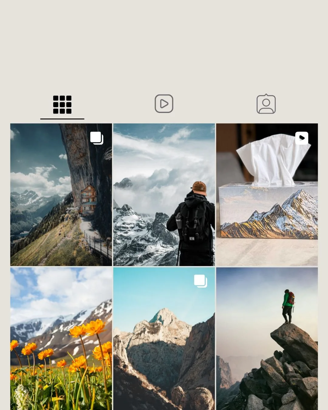 Collection of six mountain landscape photos, including snowy peaks, rocky cliffs, wildflowers, and hikers in rugged terrain.