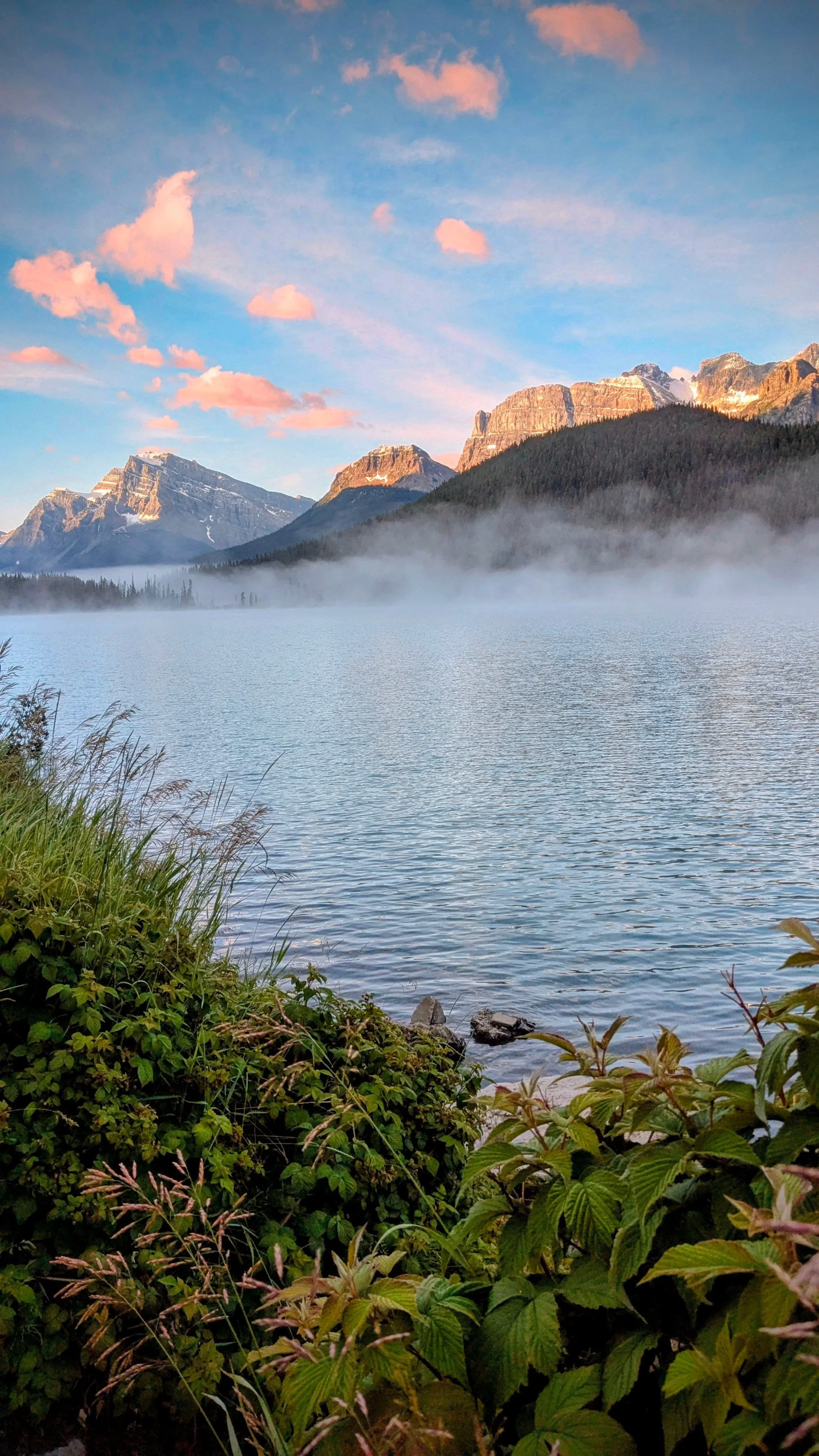 A scenic landscape of a serene lake with surrounding greenery, mist over the water, mountains in the background, and a colorful sky with pink clouds.