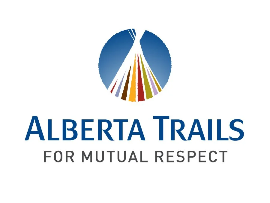 Logo for Alberta Trails featuring a stylized trail map with colorful lines and the text 'Alberta Trails for Mutual Respect'.