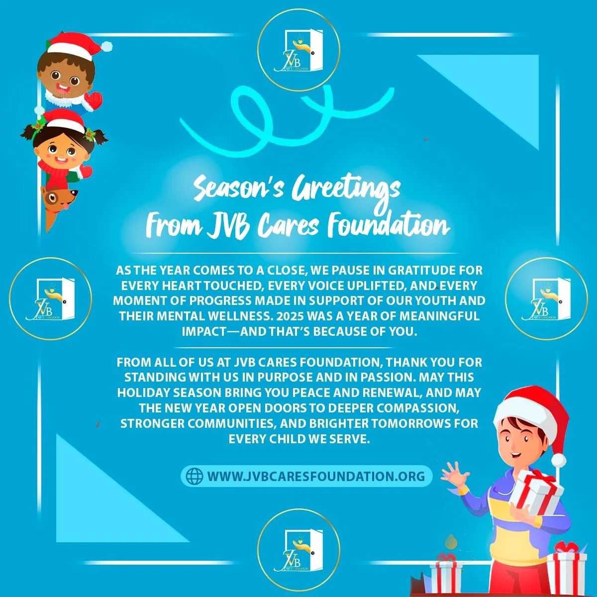 Happy Holidays From JVB Cares Foundation! 🎄 

#JVBCares #JVBCaresFoundation #Holiday #Kids #MentalHealth #NonProfit