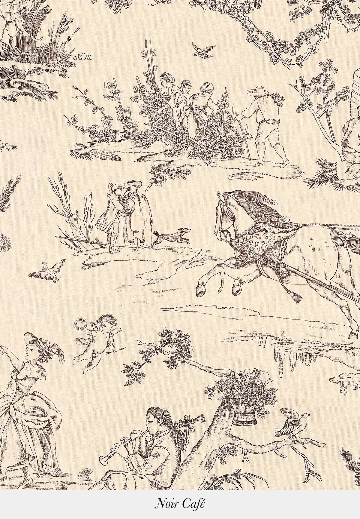 Illustration of various people engaging in outdoor activities, including walking, playing, and musical performance, surrounded by trees, birds, and nature scenes, with the text "Noir Café" at the bottom.