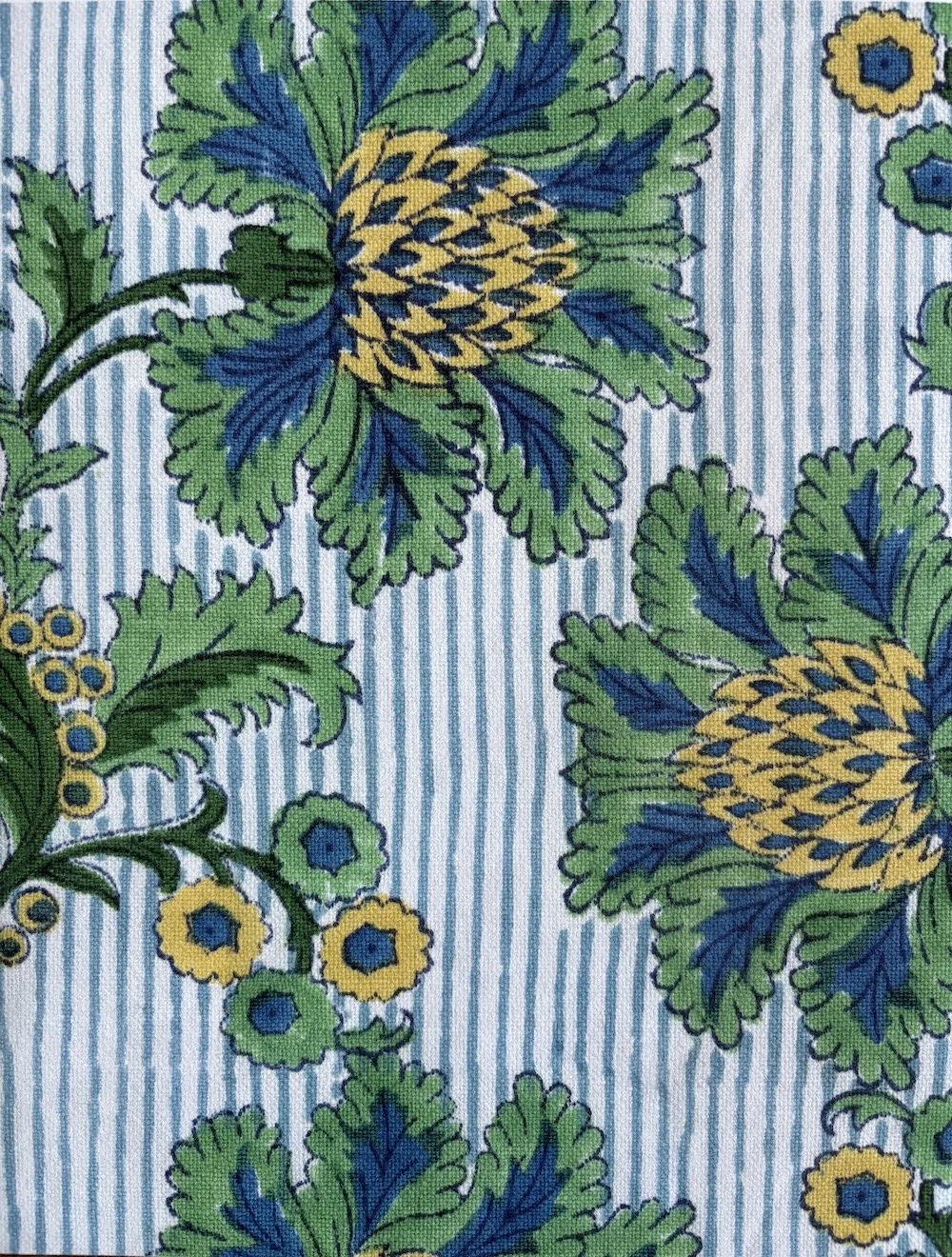 French Floral Stripe | Indigo/Green on Ivory
