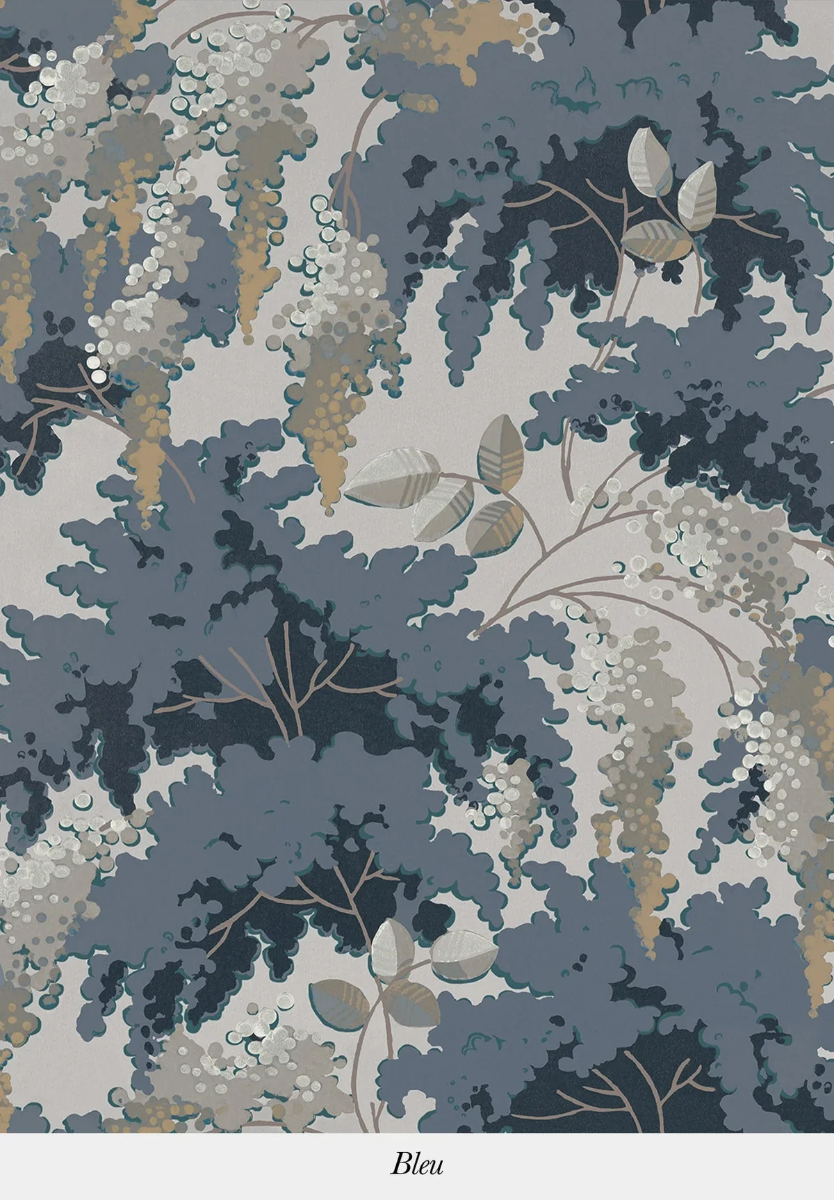 A fabric or wallpaper with a pattern of blue, gray, and beige leafy and floral designs.