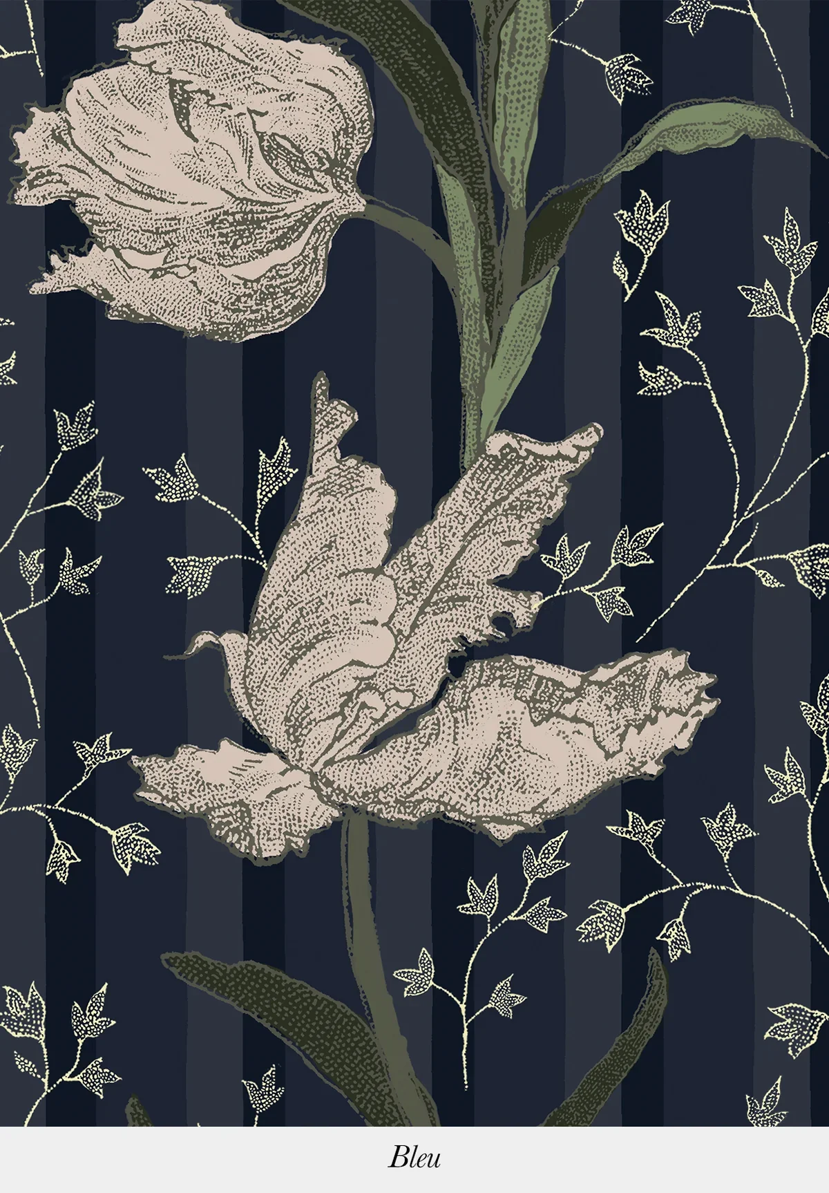 A detailed illustration of beige iris flowers with green leaves and small white sprigs on a dark blue striped background. The word 'Bleu' is written at the bottom.
