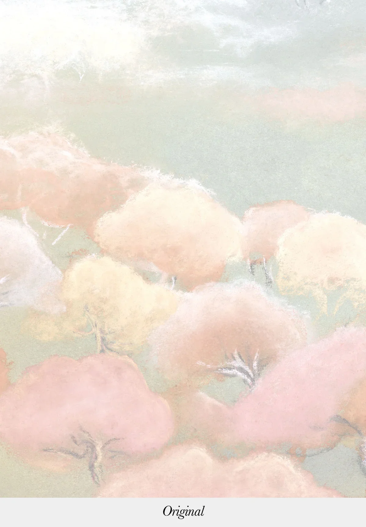 Pastel-colored illustration of trees and clouds with soft, muted tones.