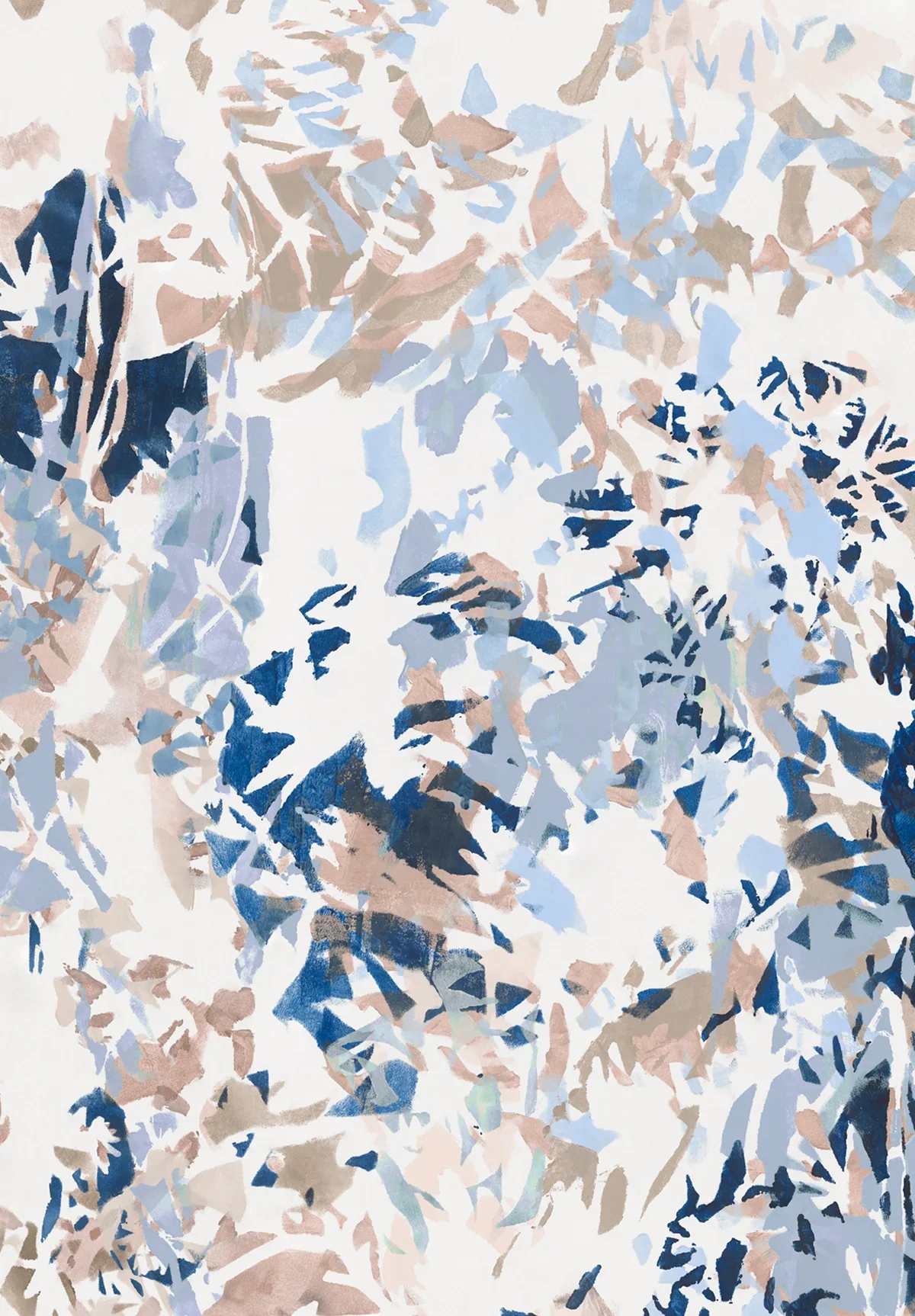 Abstract painting with shades of blue, beige, and white in a random, fragmented pattern.