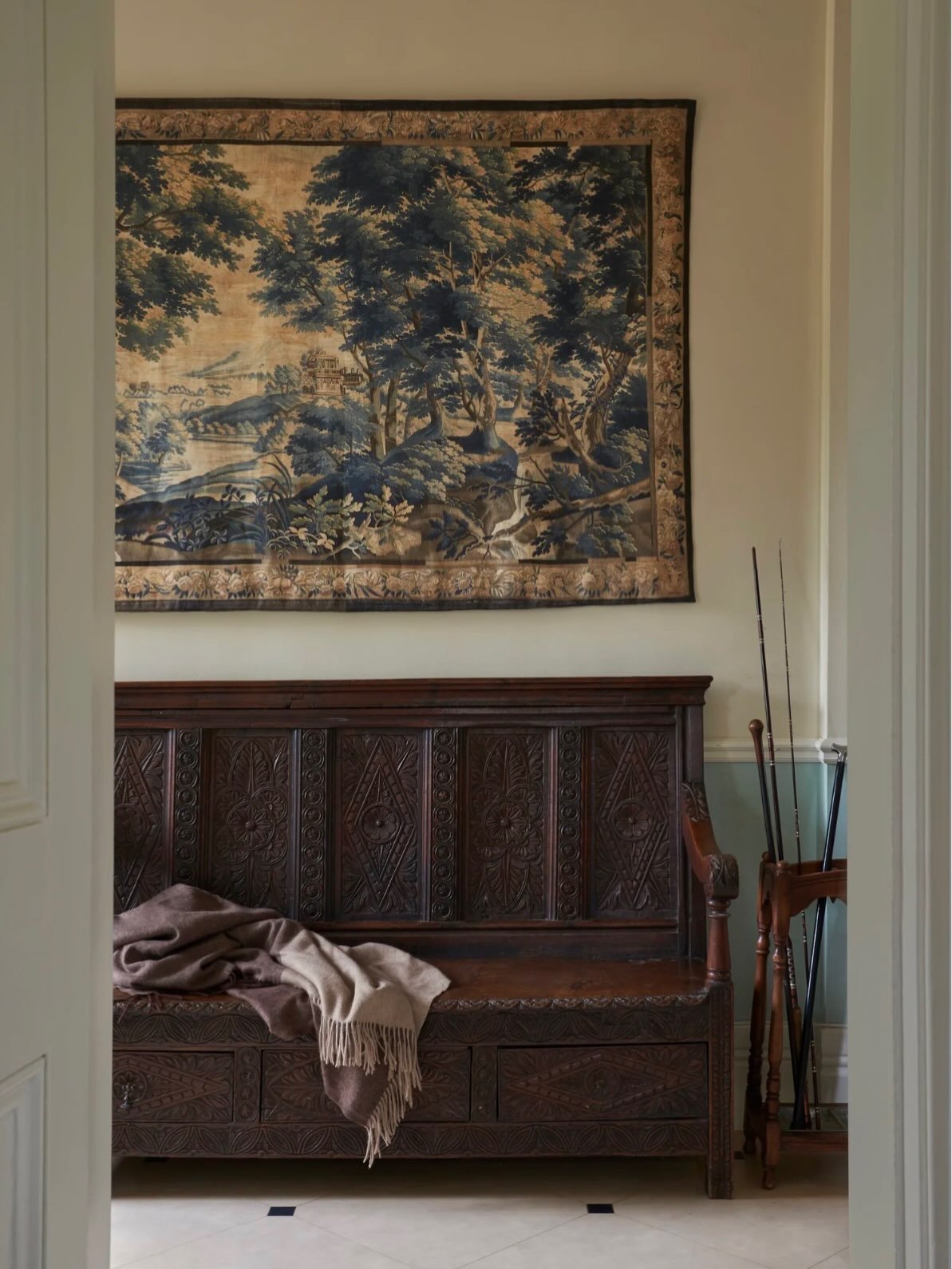A little old-world charm 

The Frampton Verdure is believed to have been installed in the Tapestry Room when Frampton Court was built in 1733. Surrounded by a wide floral border it is a beautiful verdure tapestry depicting a pastoral scene, with a cl