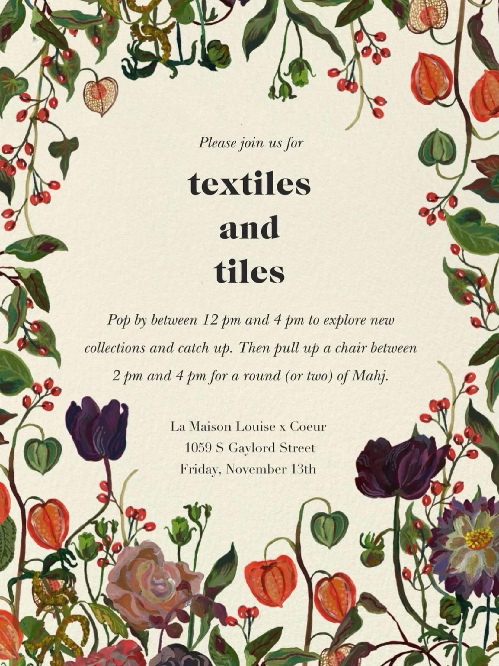 A little textiles, a little tiles and a lot of beauty. 🀄

Join La Maison Louise and Coeur on Friday, November 13th, for an afternoon of beautiful interiors, new collections and a little mahj with @mahjsquad 

Pop by anytime between 12&ndash;4 PM to 