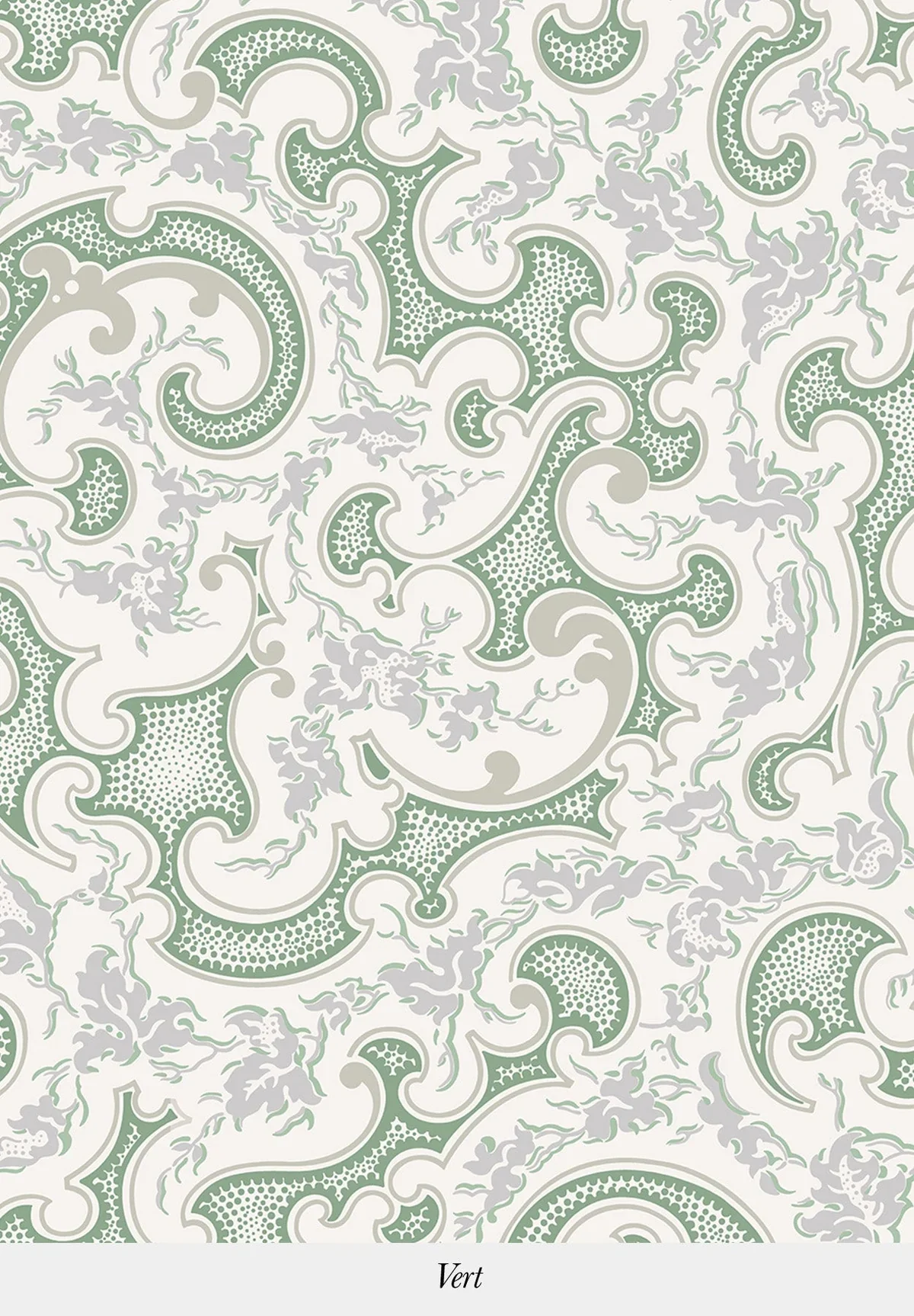 A pattern of swirling paisley and floral designs in shades of green, gray, and white.