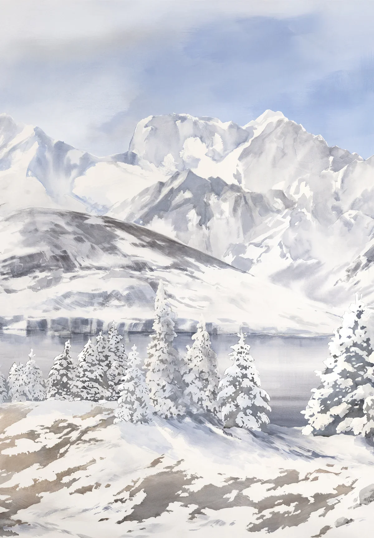 Snow-covered mountains with trees in the foreground and a body of water behind them, under a partly cloudy sky.