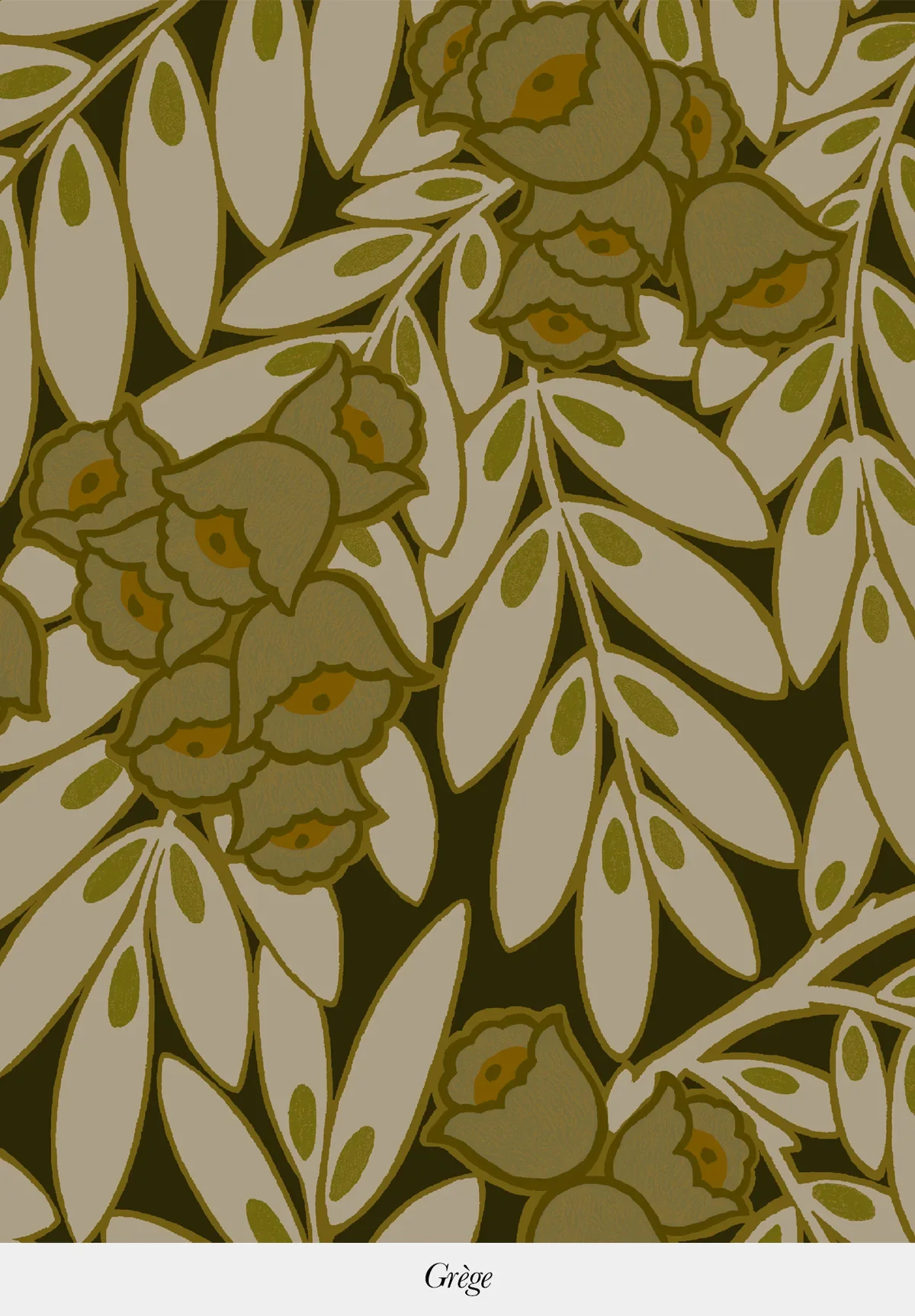 Pattern of beige leaves and brown flowers with green details, labeled 'Grège' at the bottom.