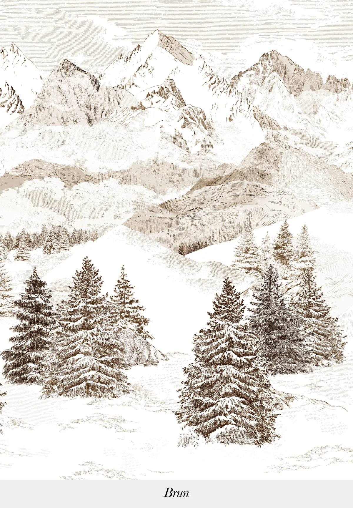 Illustration of snow-covered pine trees in foreground and mountain range in background