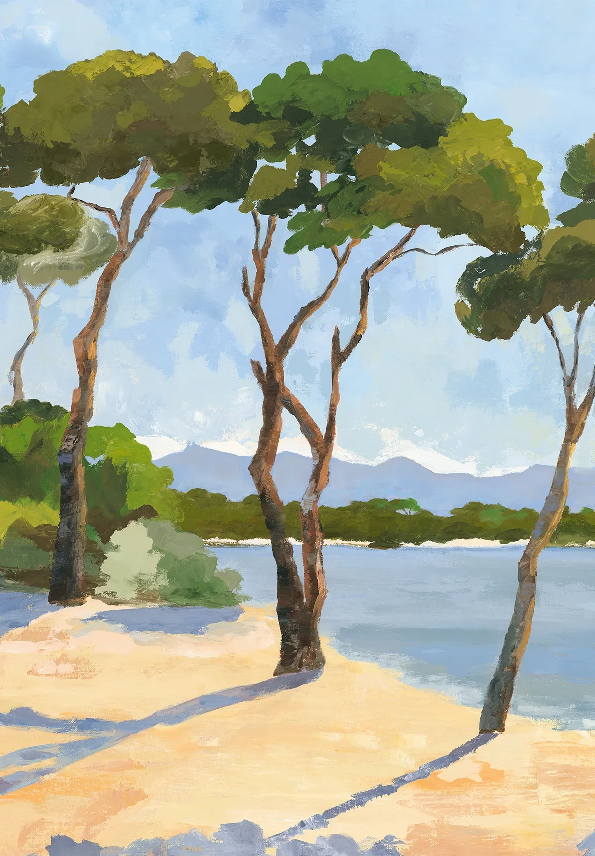 A painted landscape of a beach scene with a sandy shore, several trees with green foliage, and distant mountains under a blue sky.