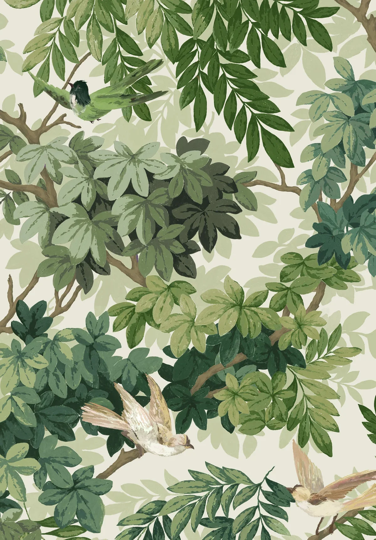 Illustration of lush green leaves and branches with two small birds perched on the branches.