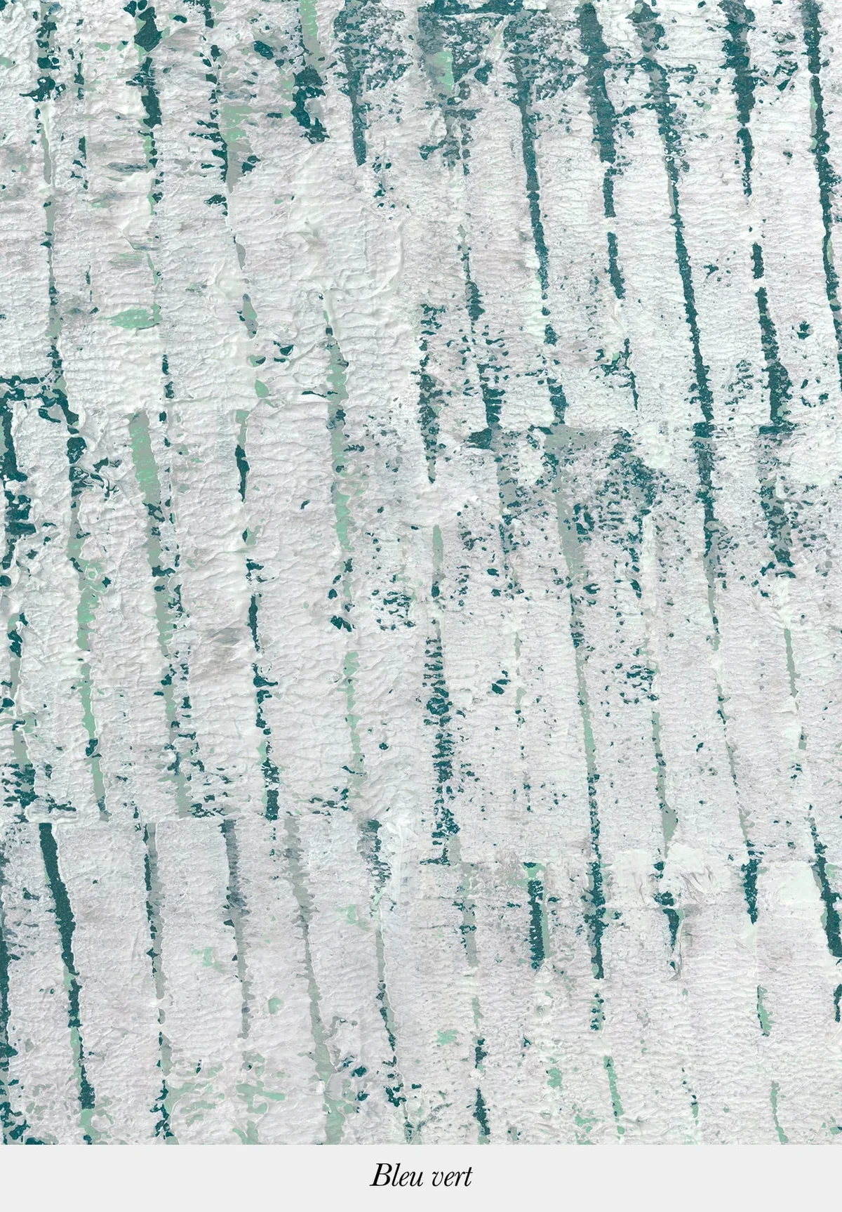 Abstract textured artwork with peeling white paint and vertical streaks of blue-green color, titled 'Bleu vert'.