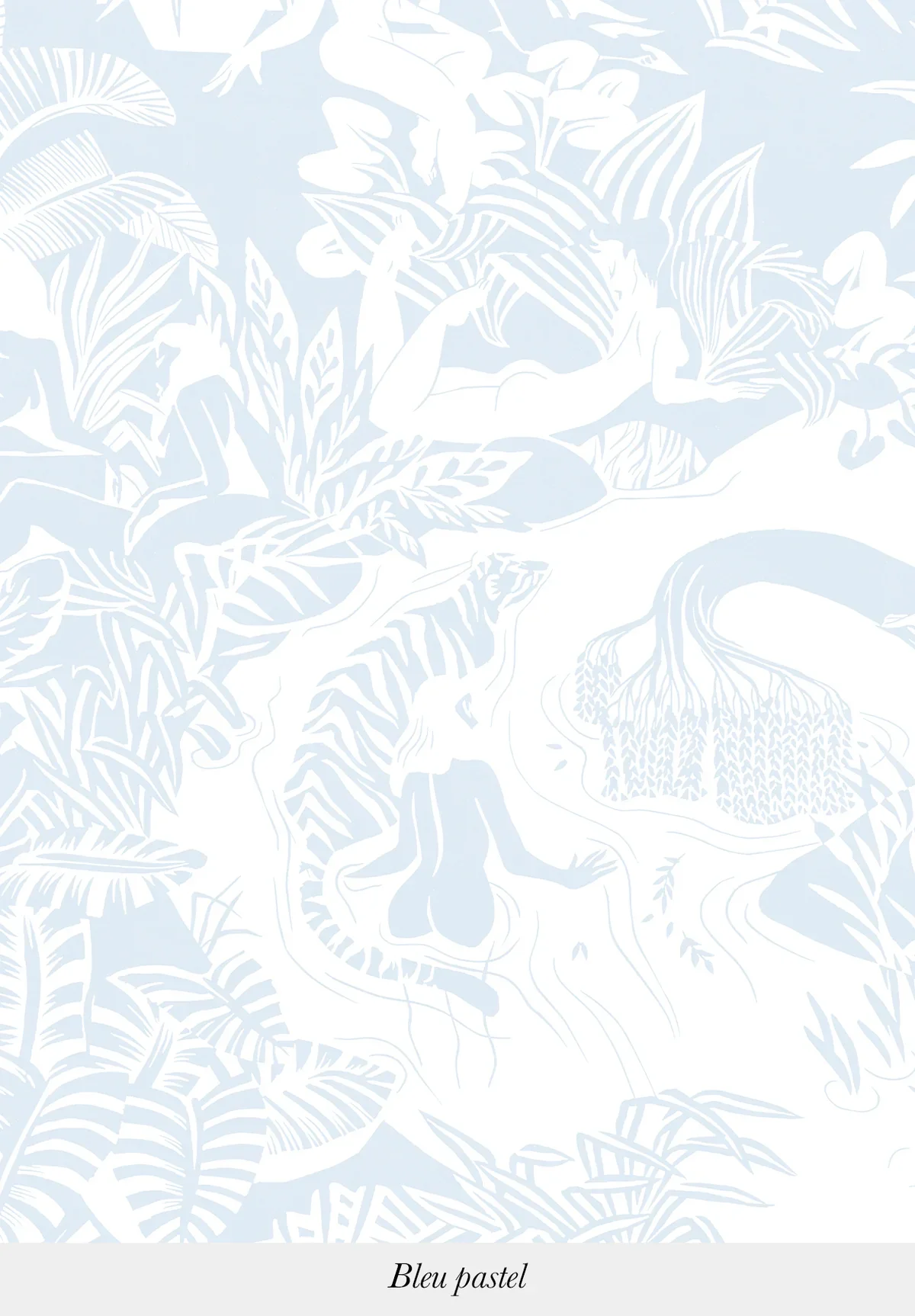 A light blue and white illustration of a woman with long hair lounging in a hammock in a tropical jungle setting, surrounded by large leaves, palm trees, and plants, with the text "Bleu pastel" at the bottom.