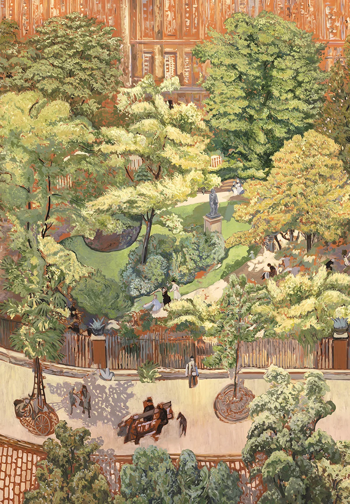 An outdoor park scene with lush green trees, a statue on a pedestal, walking paths, benches, and people sitting and walking. A wooden fence surrounds the park, and there is a brick building in the background.