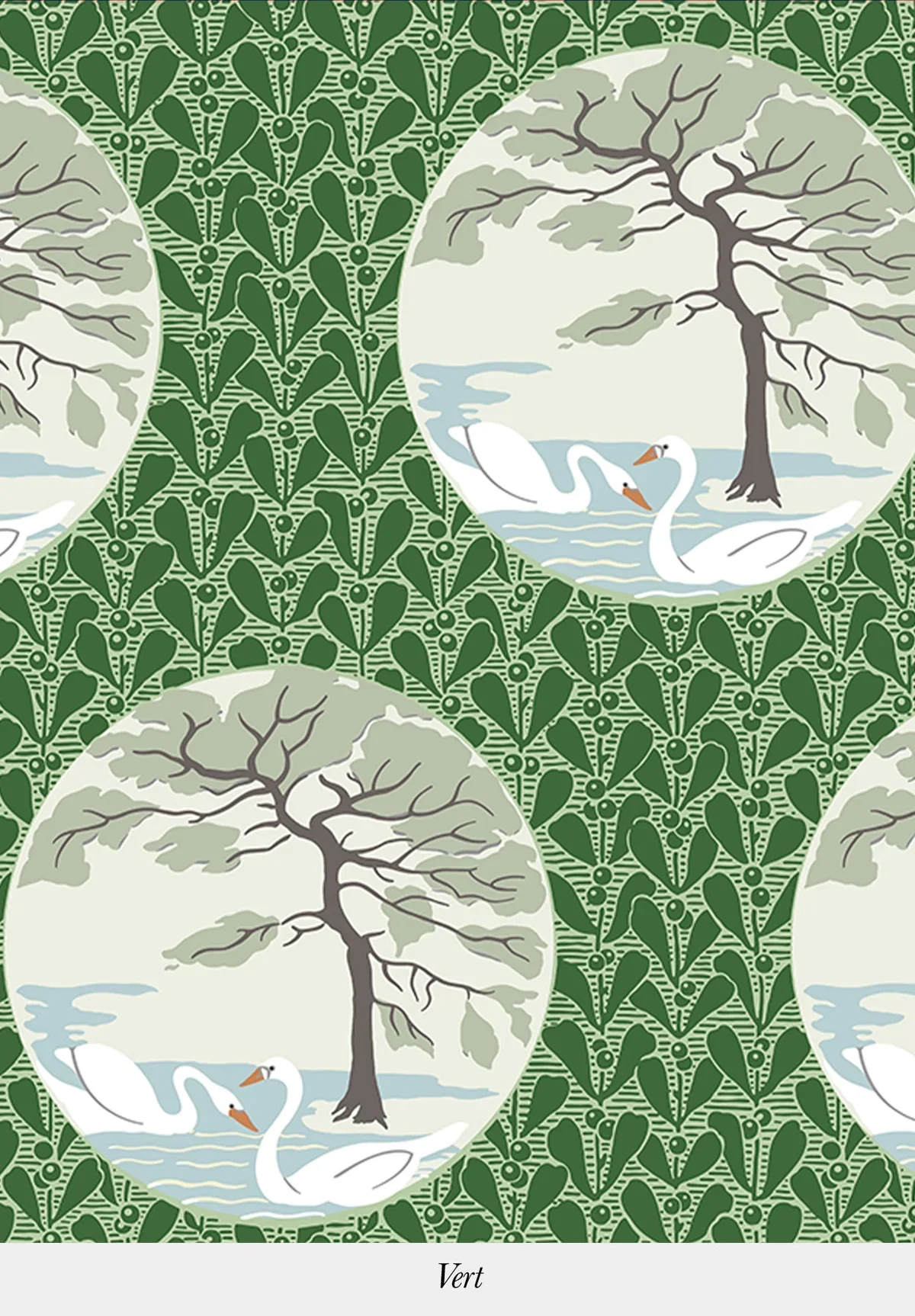 Pattern featuring swans and leafless trees within circular frames, set against a background of green holly leaves.