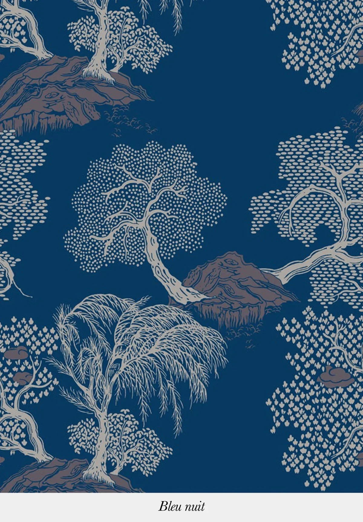 Pattern of trees and mountains on a dark blue background with the text 'Bleu nuit' at the bottom.