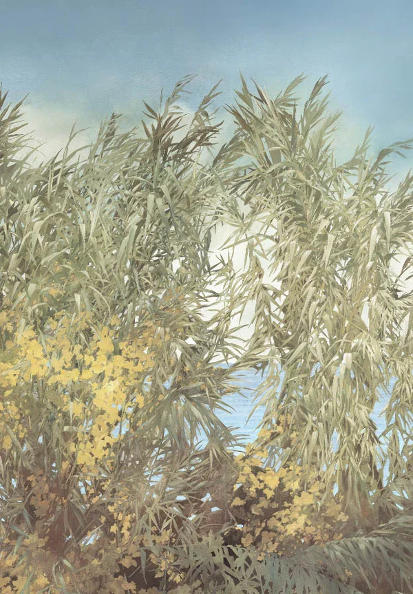 A painting of tall green and yellowish-green plants under a clear blue sky.