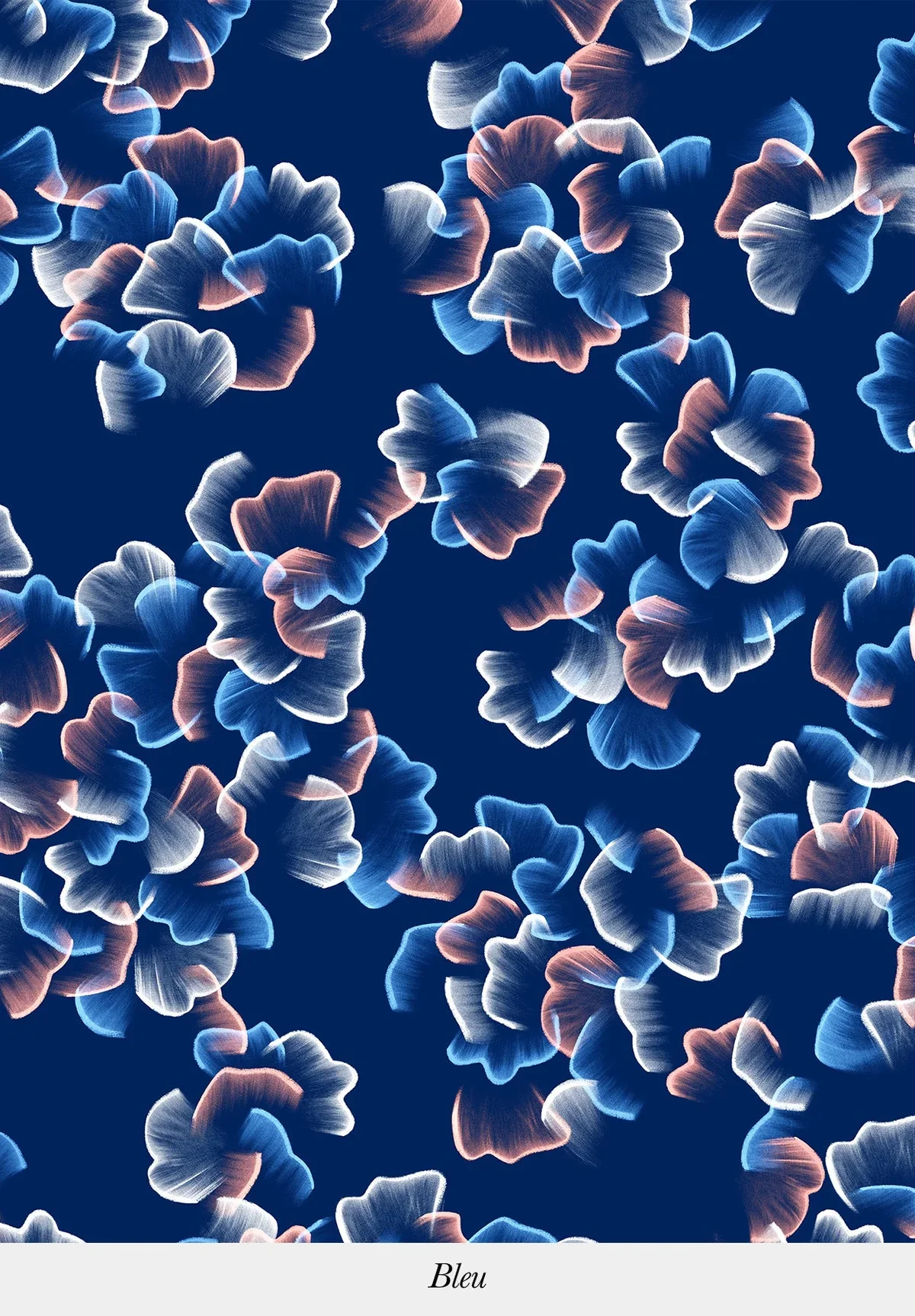 Abstract pattern of blue, pink, and white petal-like shapes on a dark blue background, labeled 'Bleu' at the bottom.