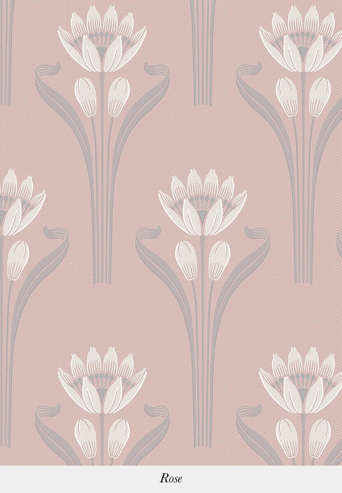A floral wallpaper pattern featuring stylized white roses with light gray stems on a pink background.
