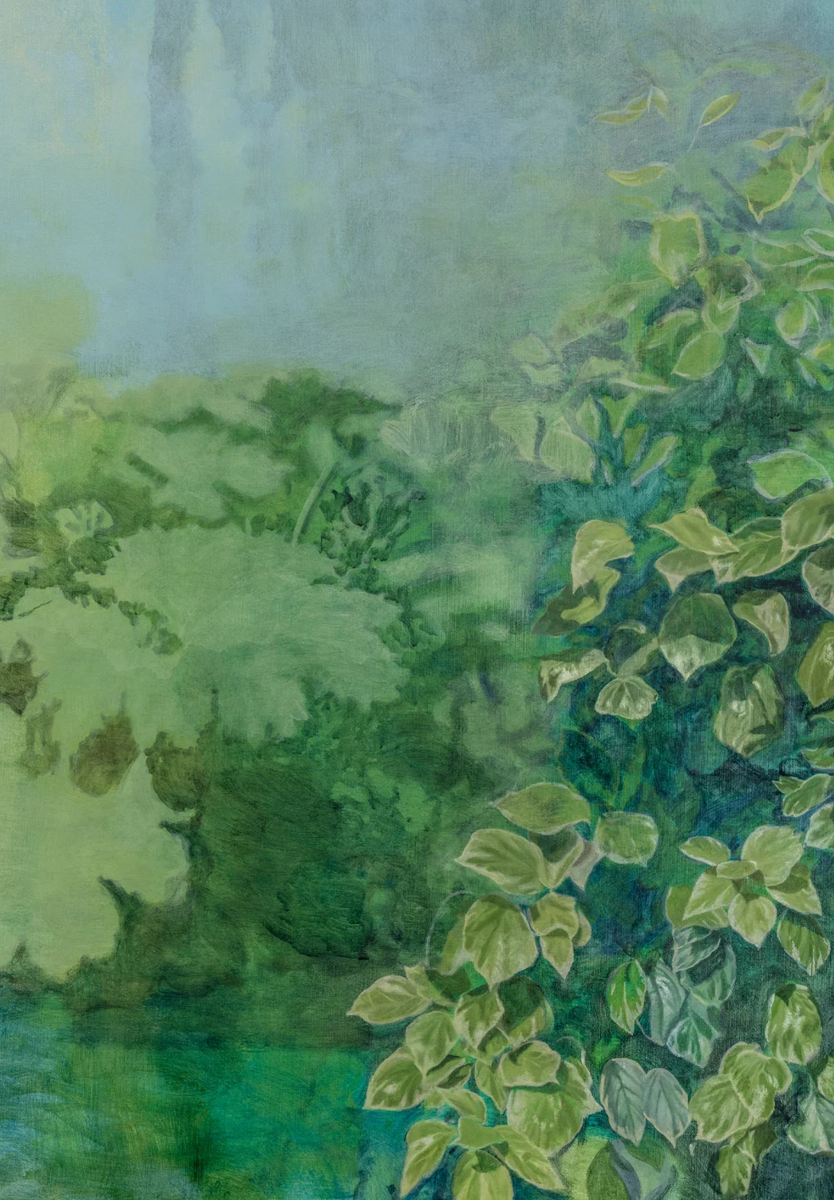 A painting of lush green foliage and plants, with a mix of leaves and a soft blurred background.