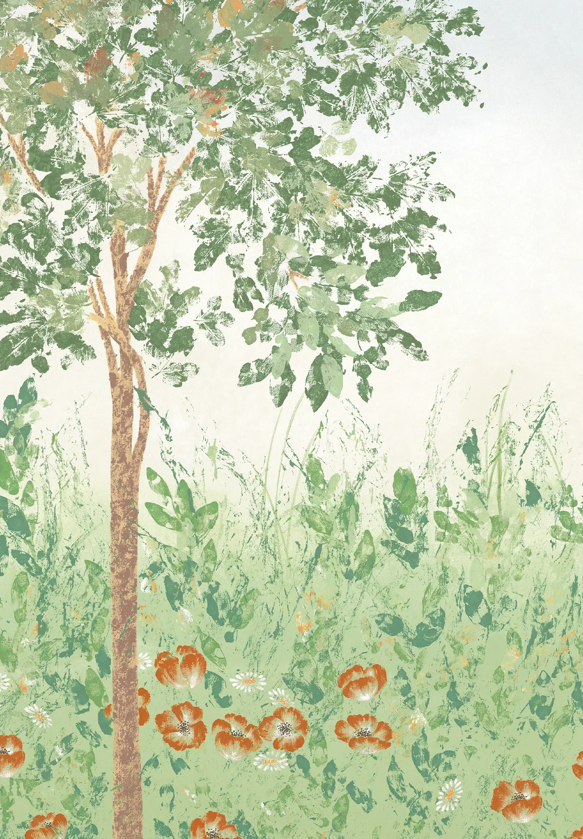 A digital illustration of a tree with green leaves and brown trunk, surrounded by orange and white flowers, on a light background.